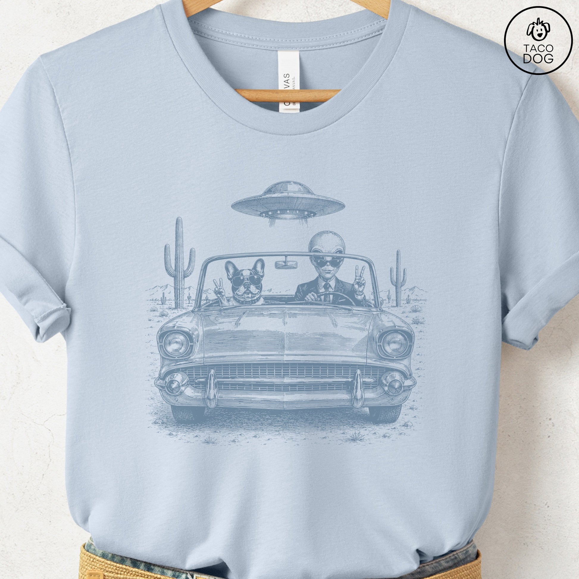 French Bulldog Frenchie Alien Roadtrip T-Shirt Light Blue Taco-Dog