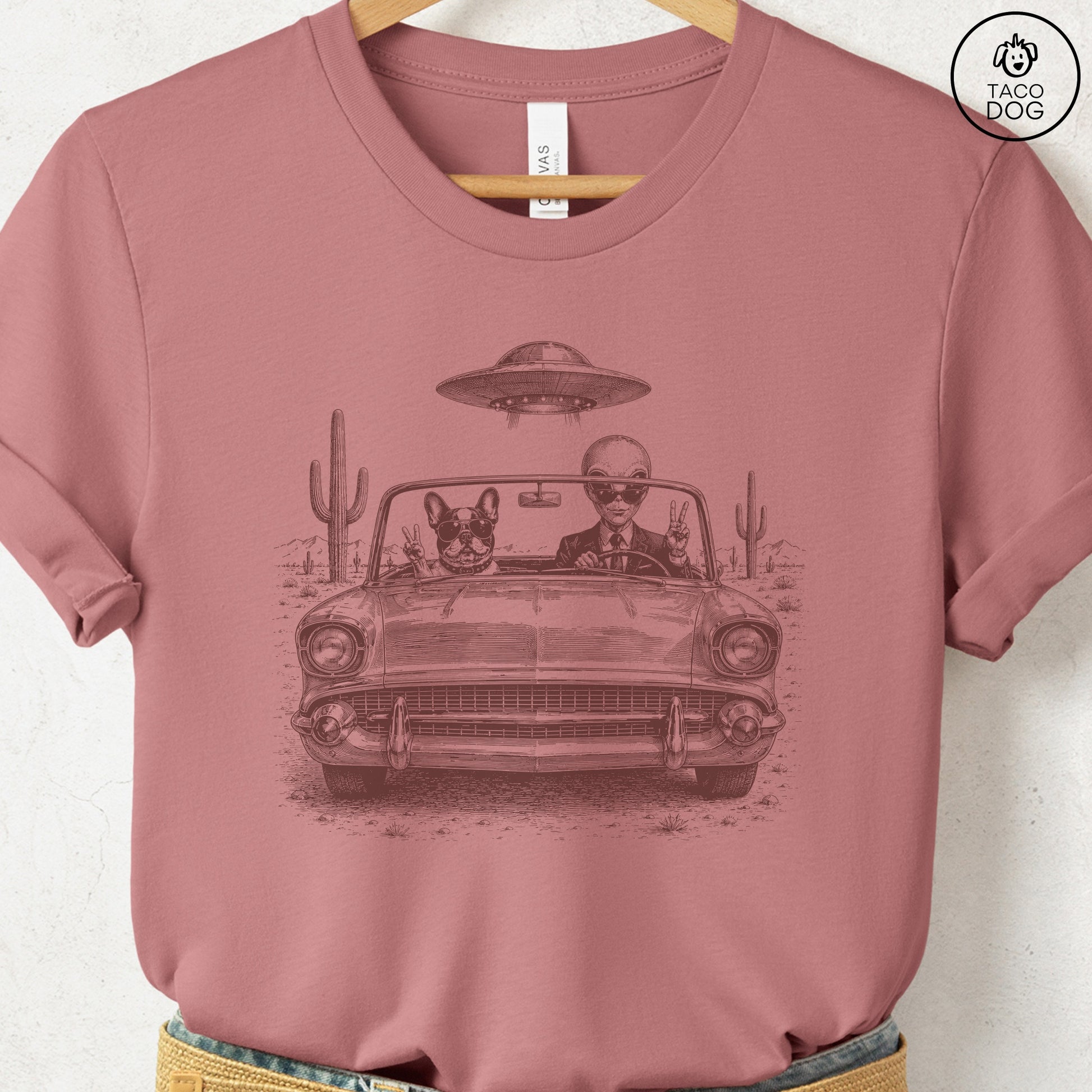 French Bulldog Frenchie Alien Roadtrip T-Shirt Heather Mauve Taco-Dog