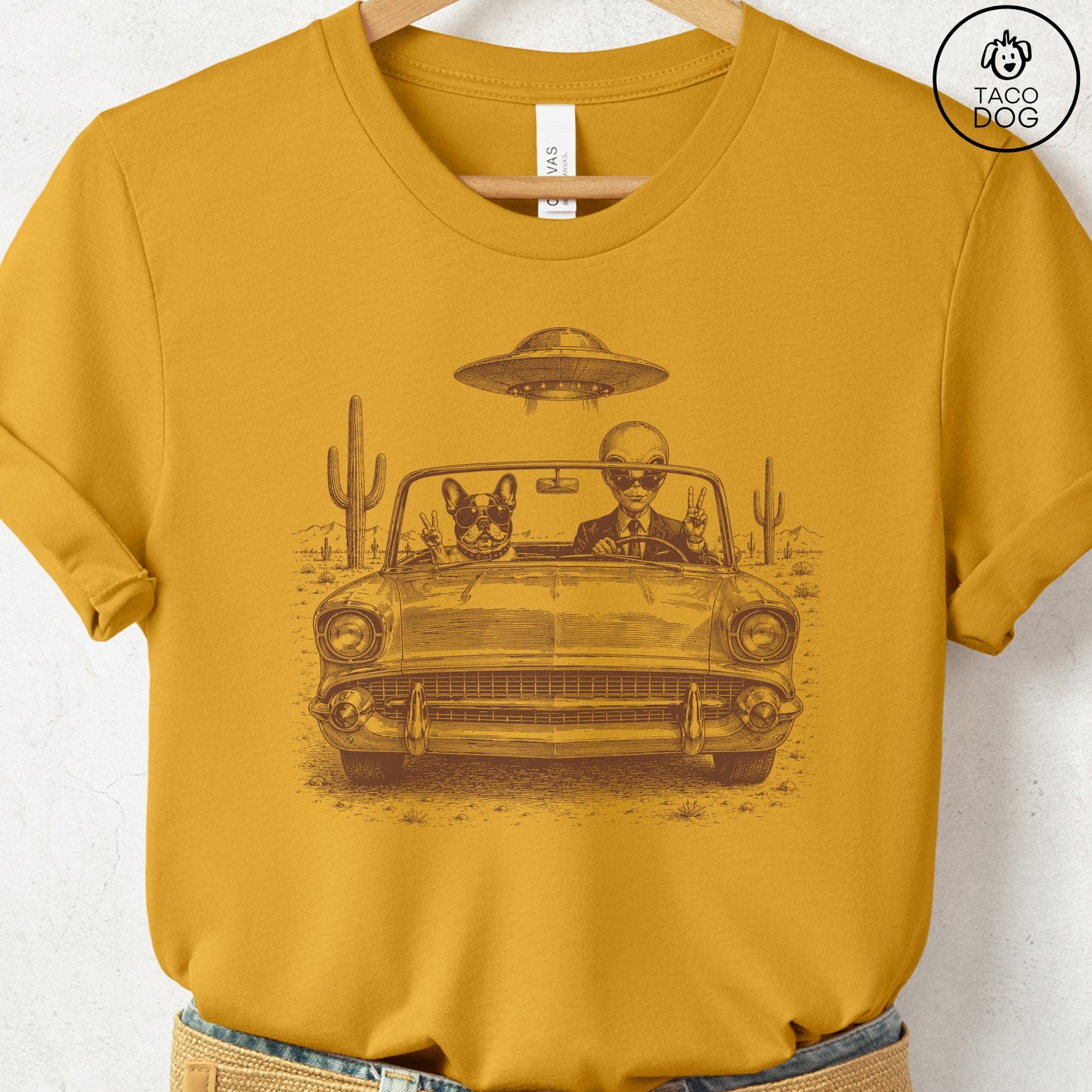 French Bulldog Frenchie Alien Roadtrip T-Shirt Mustard Taco-Dog