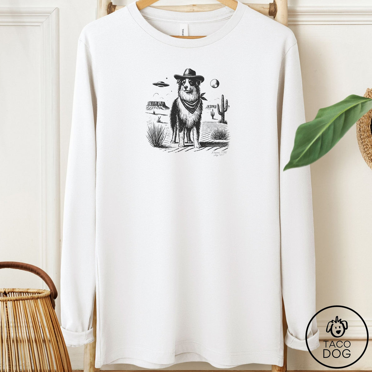 Australian Shepherd Cowboy UFO Long Sleeve Tee White Taco-Dog