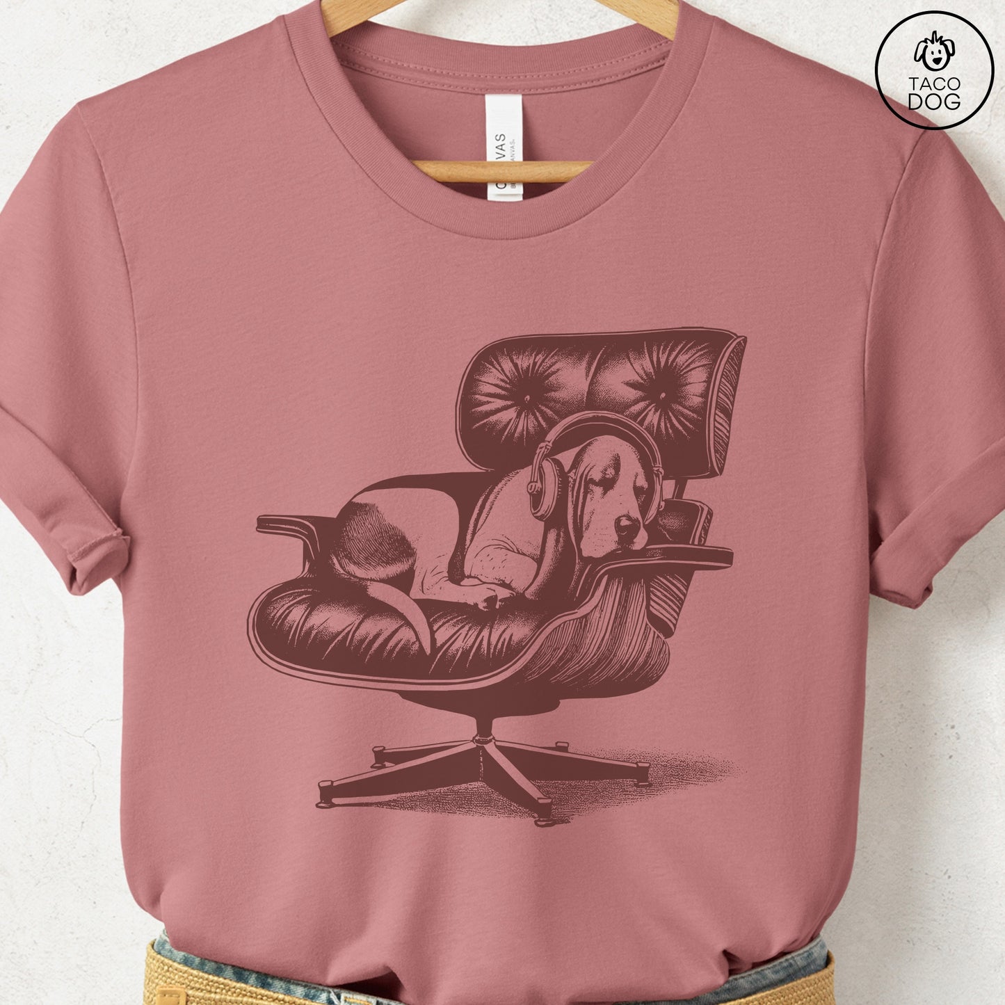 Basset Hound Eames Headphones T-Shirt Heather Mauve XS Taco-Dog