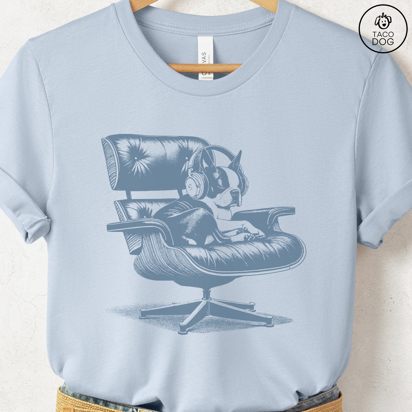 Boston Terrier Eames Headphones T-Shirt Light Blue XS Taco-Dog