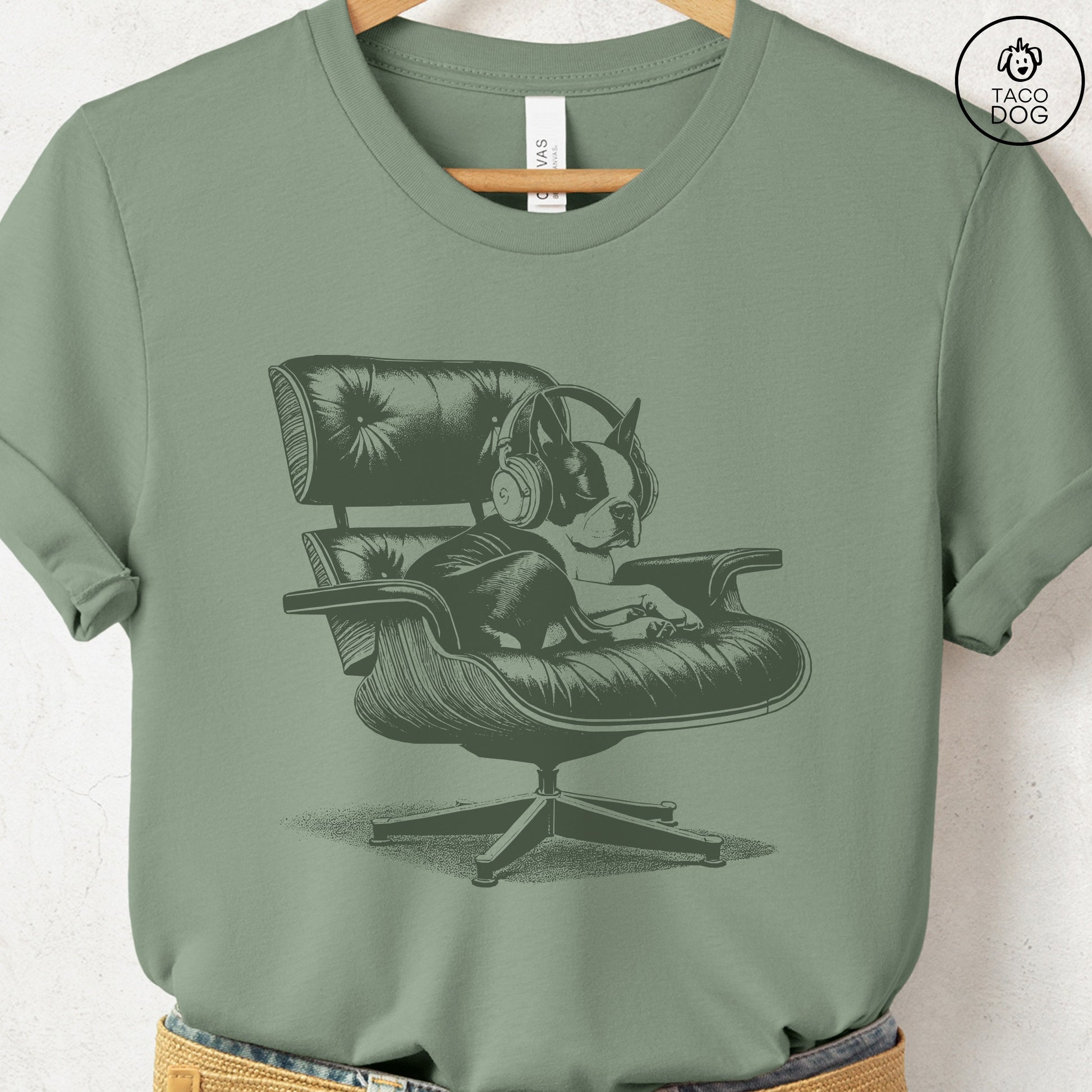 Boston Terrier Eames Headphones T-Shirt Sage XS Taco-Dog