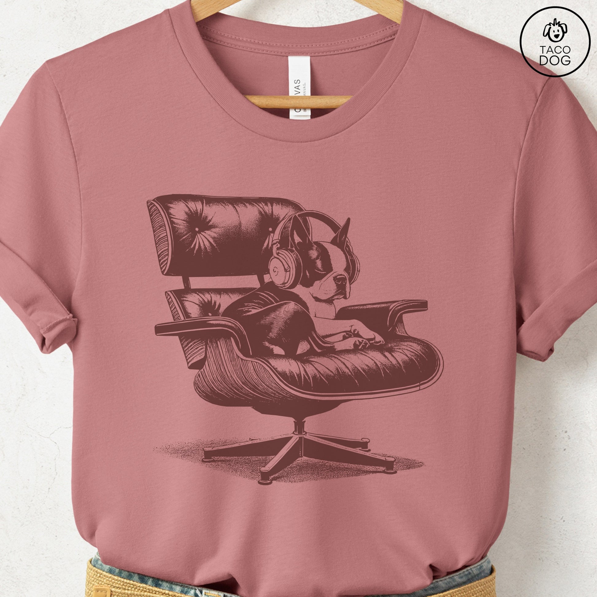 Boston Terrier Eames Headphones T-Shirt Heather Mauve XS Taco-Dog