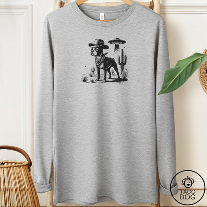 Boston Terrier Cowboy UFO Long Sleeve Tee Athletic Heather Taco-Dog