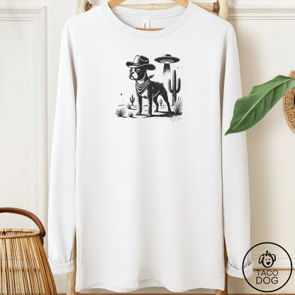 Boston Terrier Cowboy UFO Long Sleeve Tee White Taco-Dog
