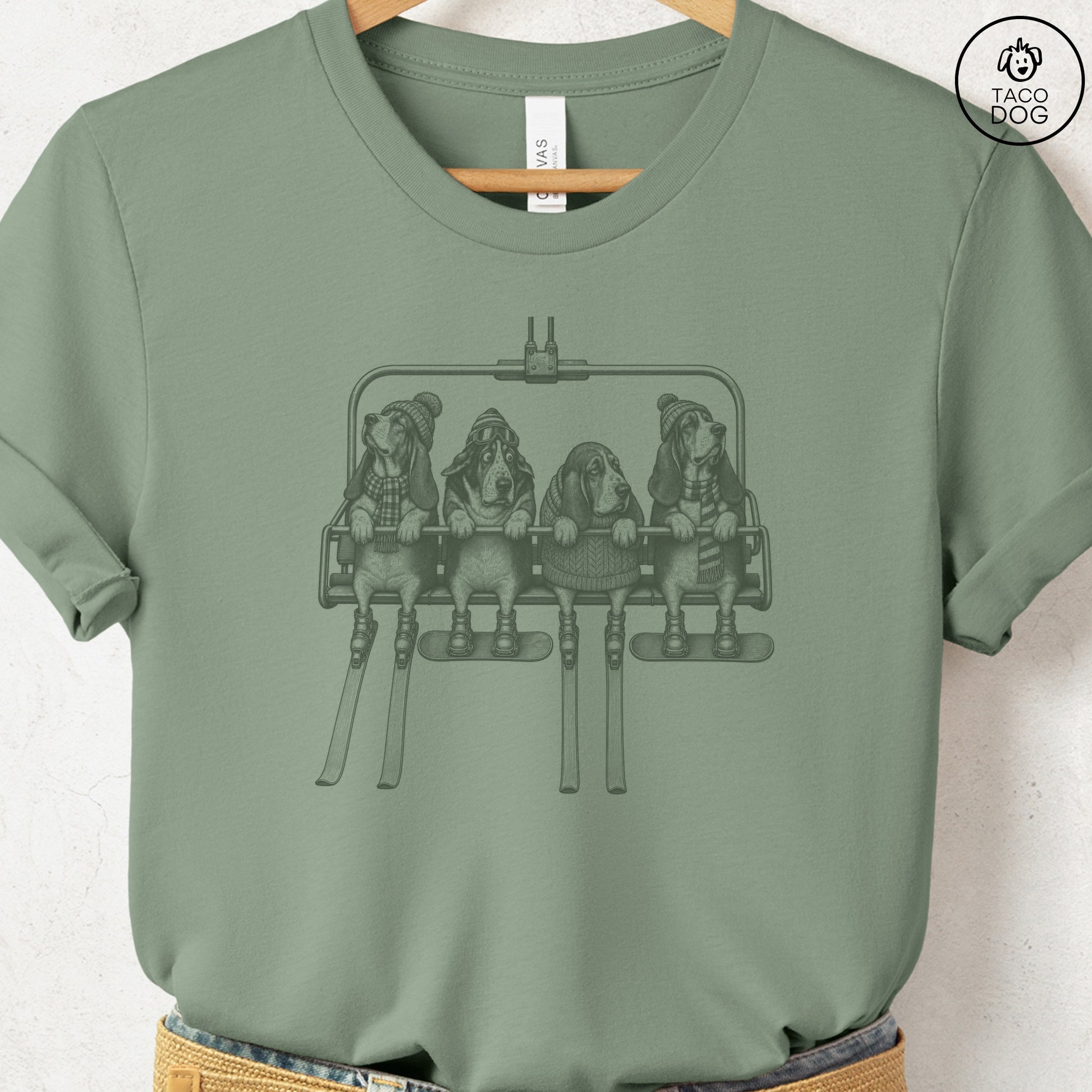 Basset Hound Chair Lift T-Shirt Sage Taco-Dog