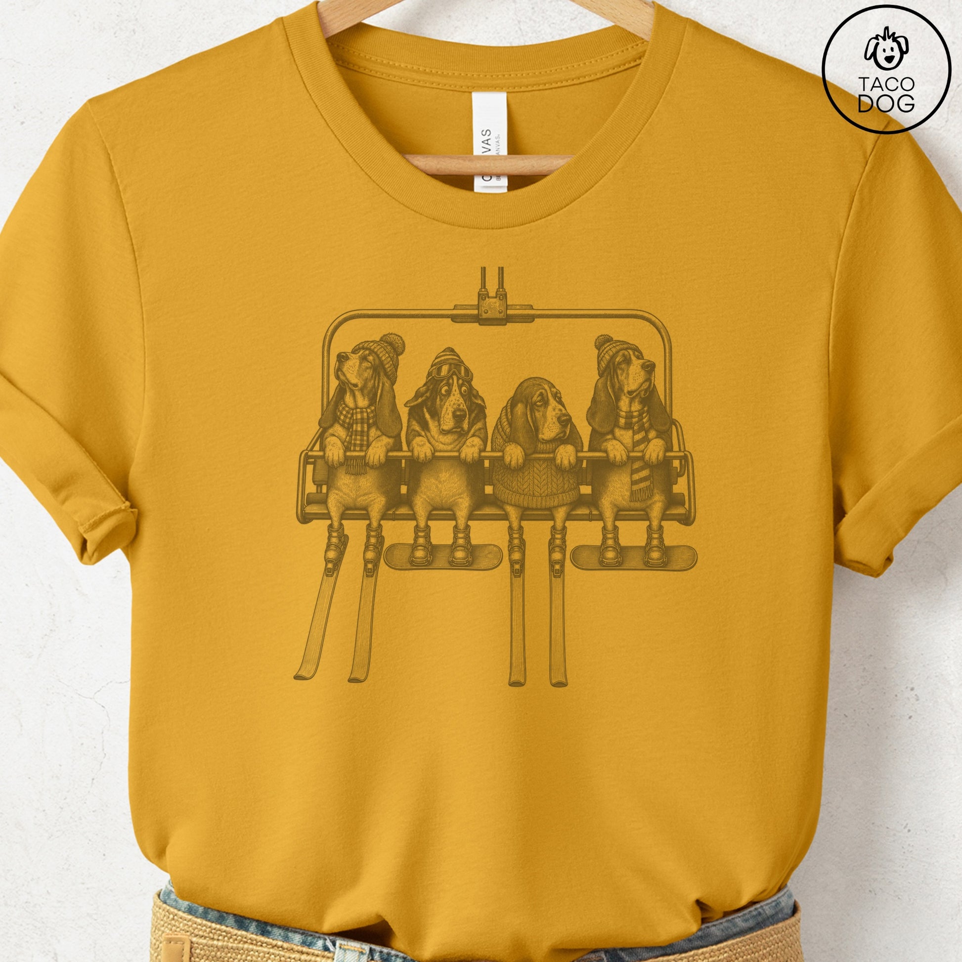 Basset Hound Chair Lift T-Shirt Mustard Taco-Dog