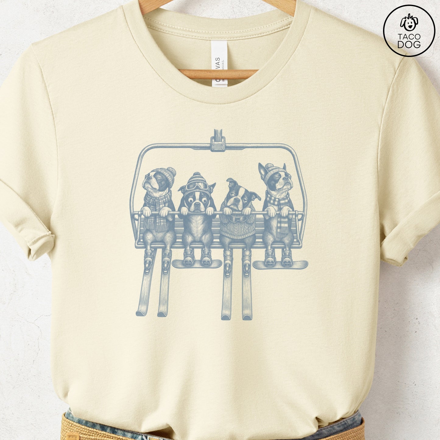 Boston Terrier Chair Lift T-Shirt Natural Taco-Dog