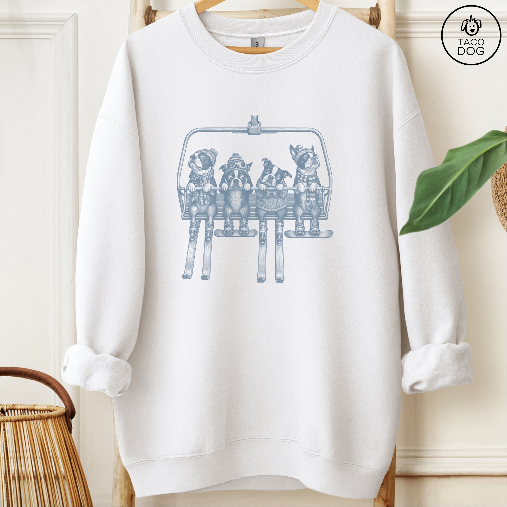 Boston Terrier Chair Lift Sweatshirt White Taco-Dog