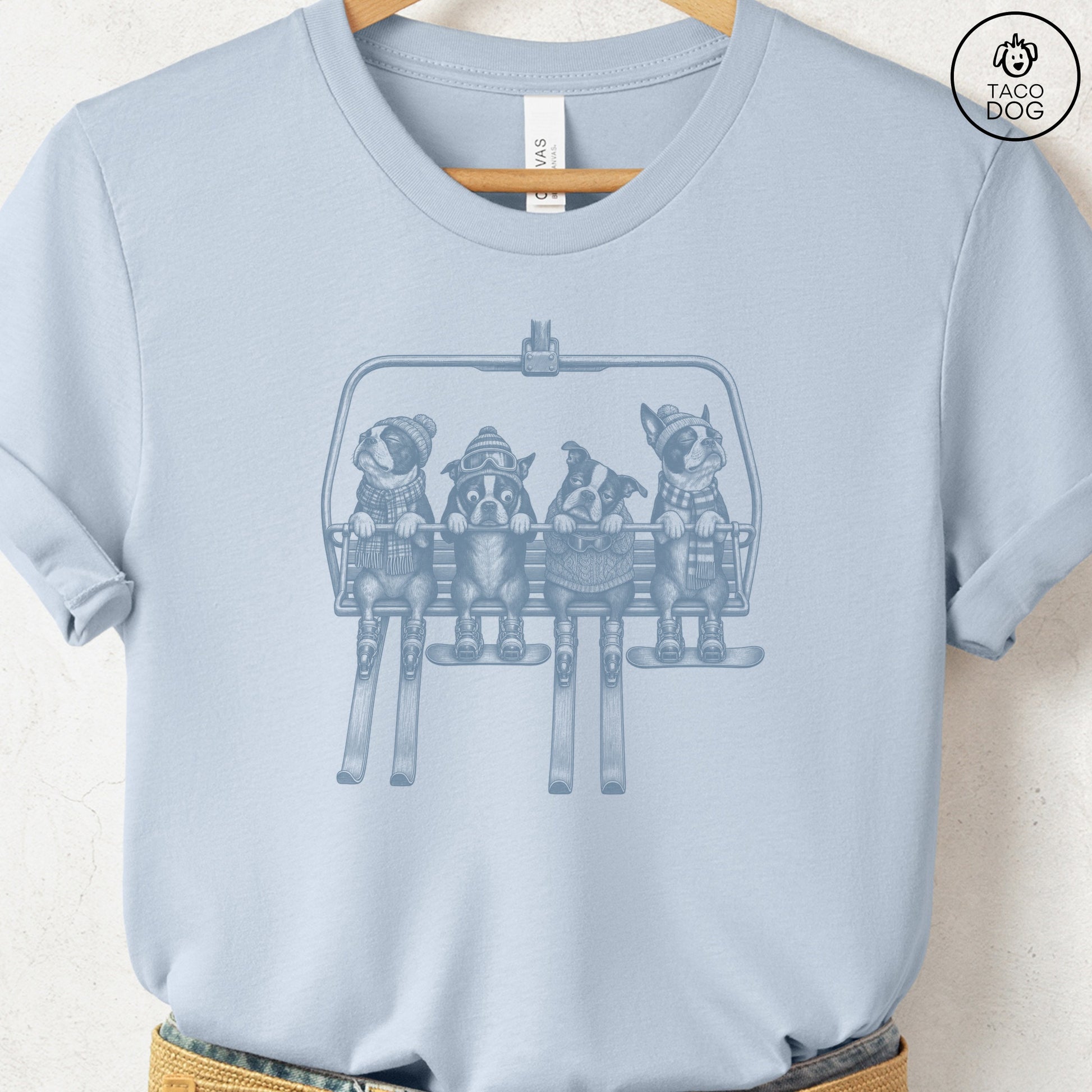Boston Terrier Chair Lift T-Shirt Light Blue Taco-Dog