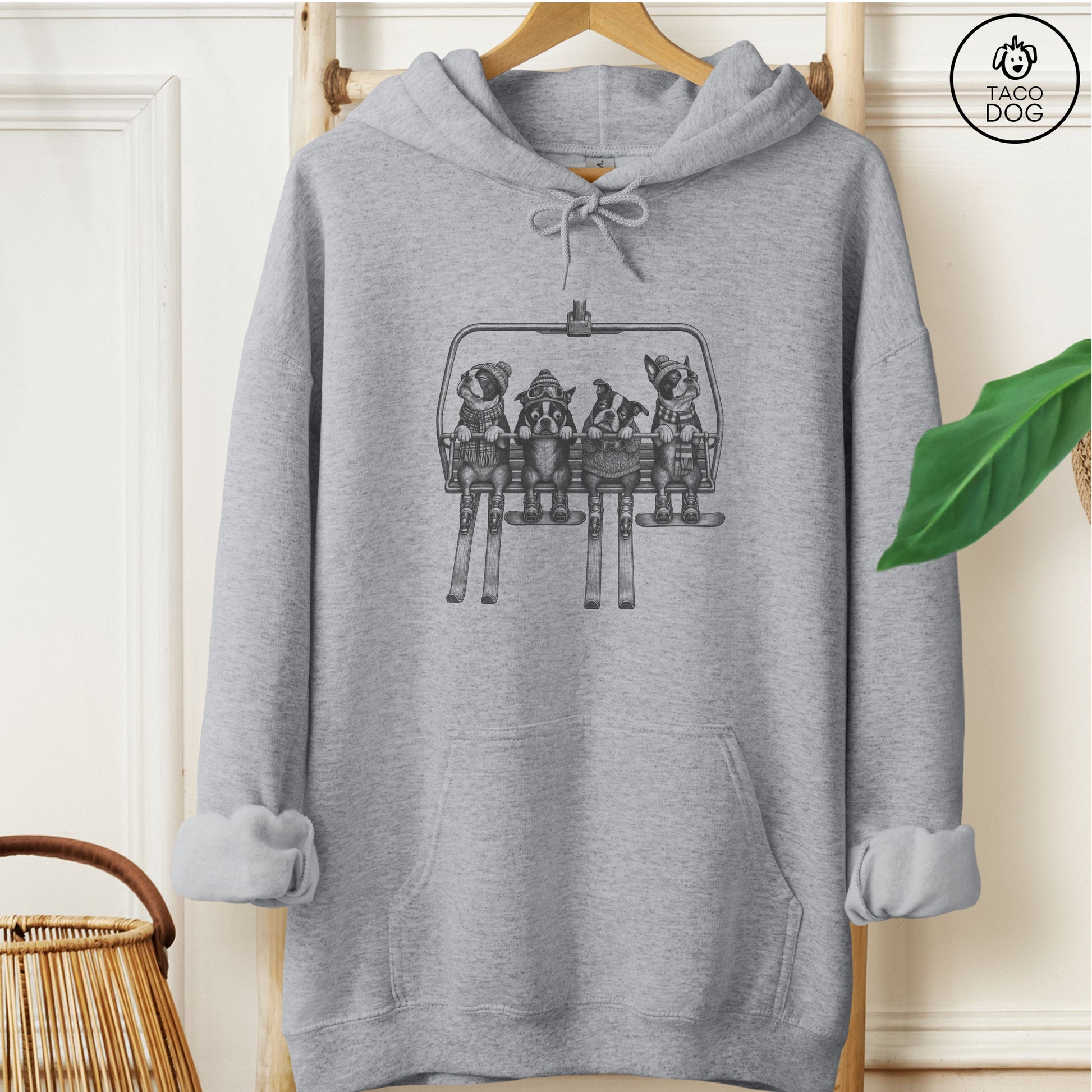 Boston Terrier Chair Lift Hoodie Graphite Heather Taco-Dog