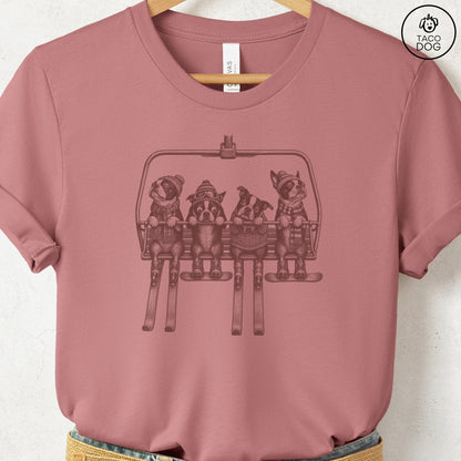 Boston Terrier Chair Lift T-Shirt Heather Mauve Taco-Dog