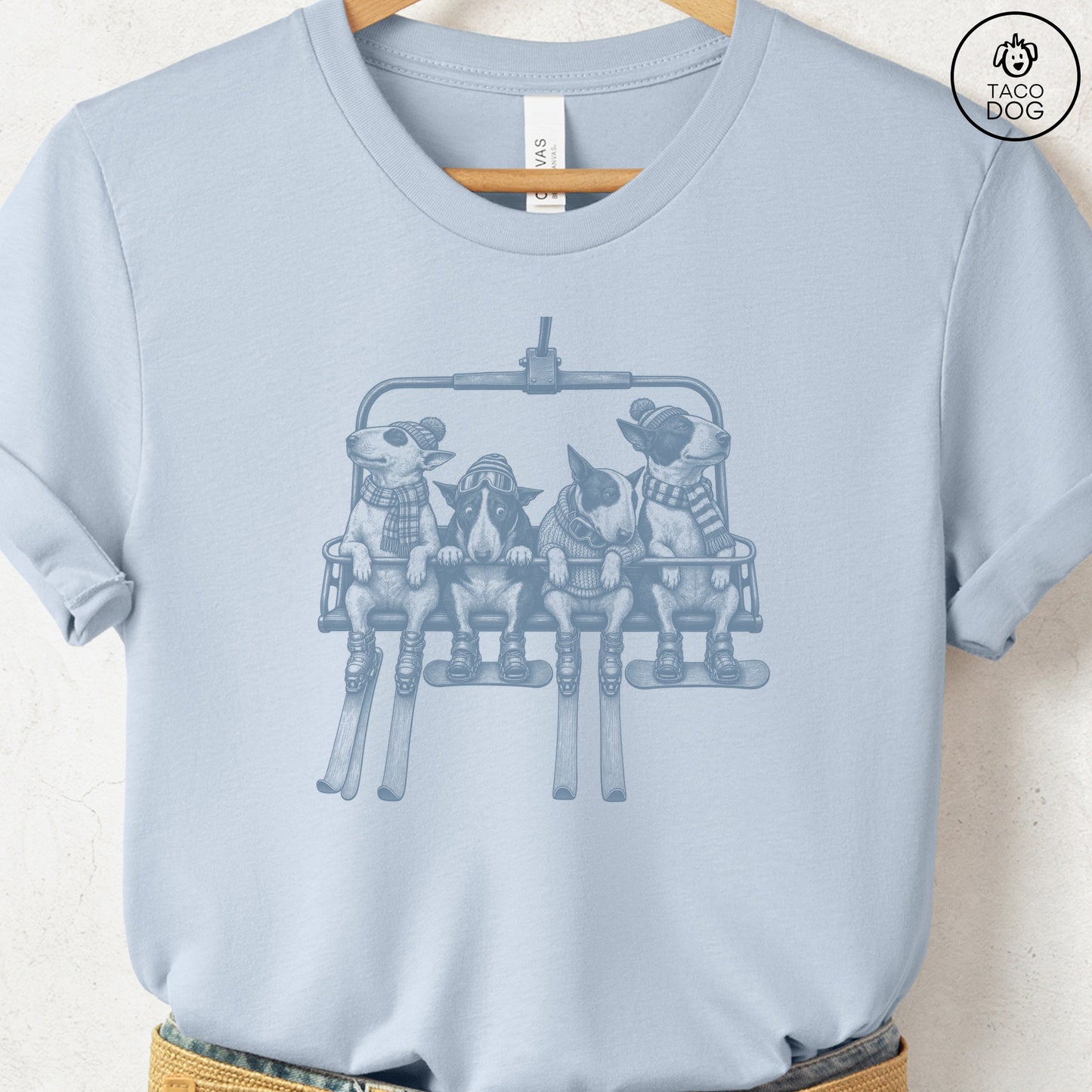 Bull Terrier Chair Lift T-Shirt Light Blue Taco-Dog