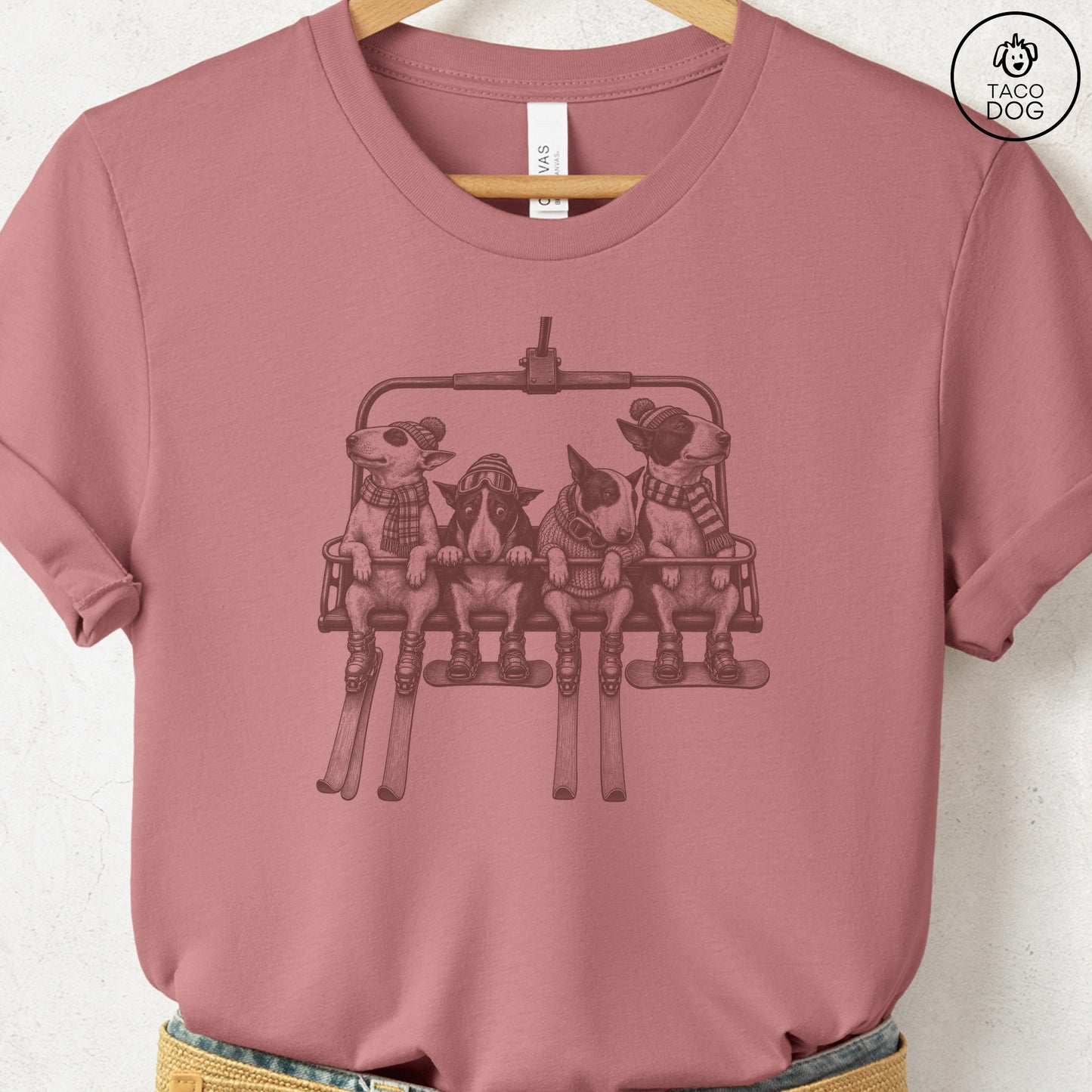 Bull Terrier Chair Lift T-Shirt Heather Mauve Taco-Dog