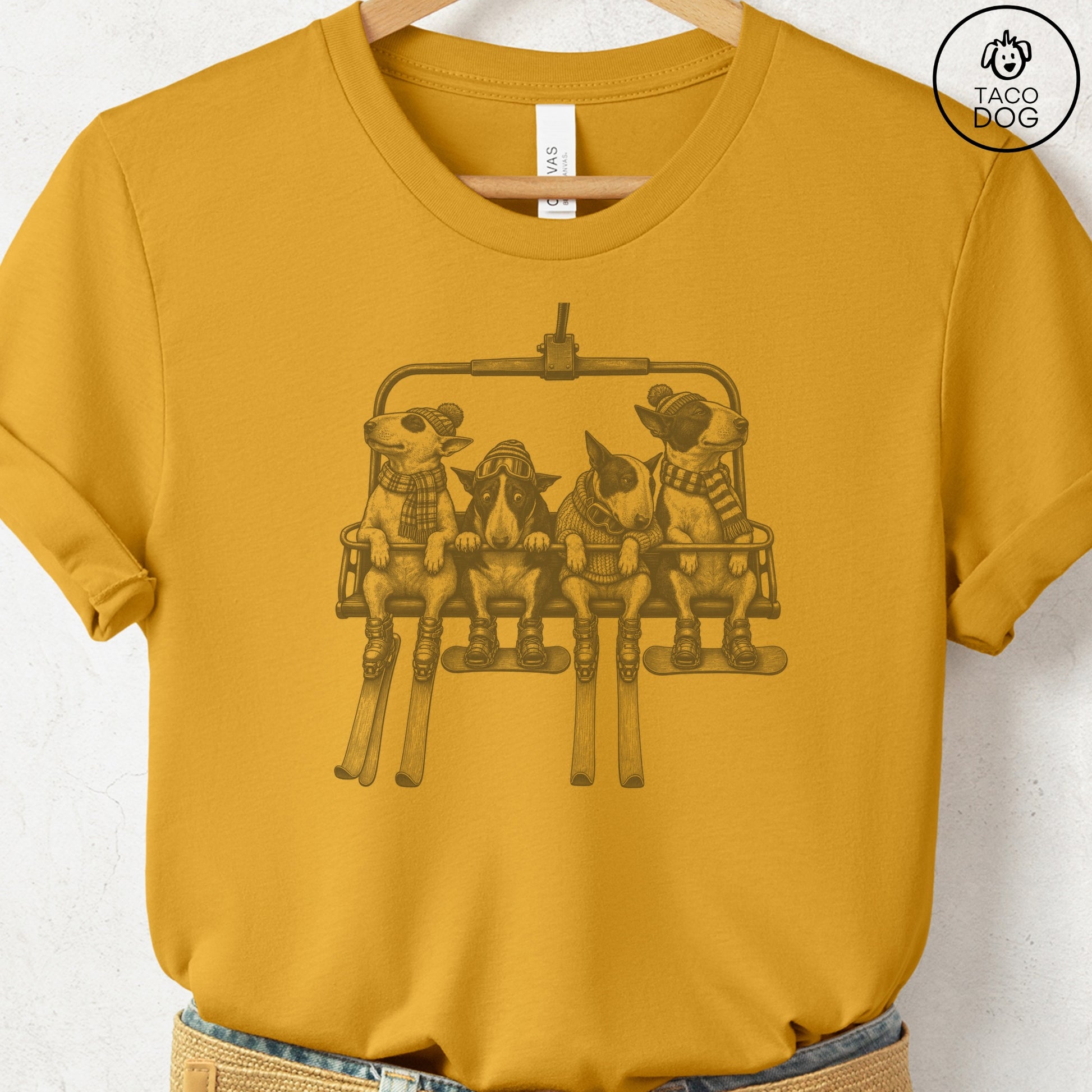 Bull Terrier Chair Lift T-Shirt Mustard Taco-Dog