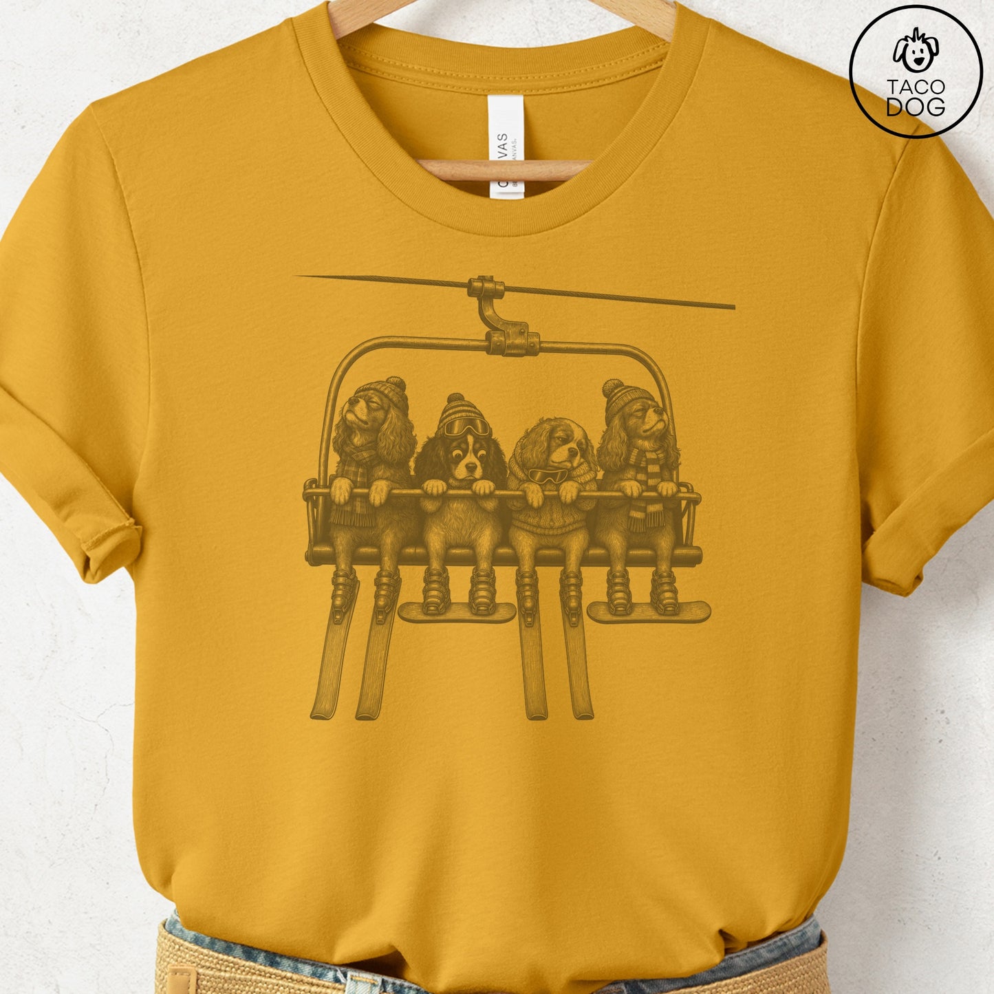 Cavalier King Charles Spaniel Chair Lift T-Shirt Mustard Taco-Dog