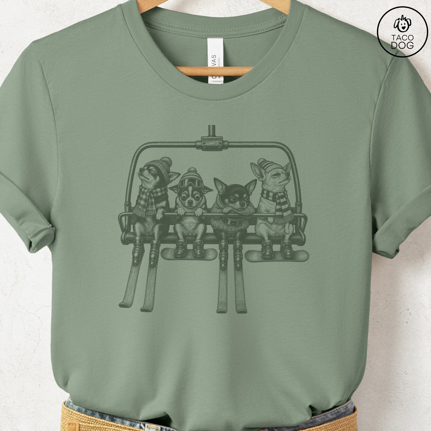 Chihuahua Chair Lift T-Shirt Sage Taco-Dog