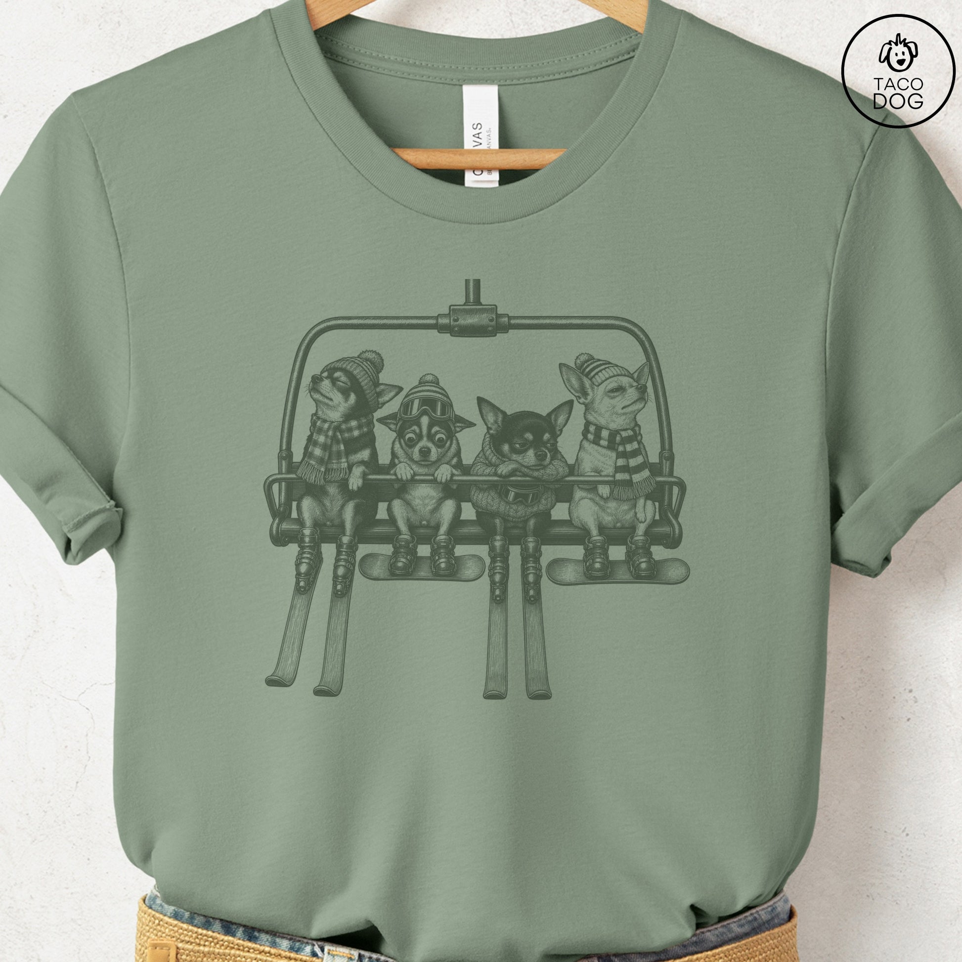 Chihuahua Chair Lift T-Shirt Sage Taco-Dog
