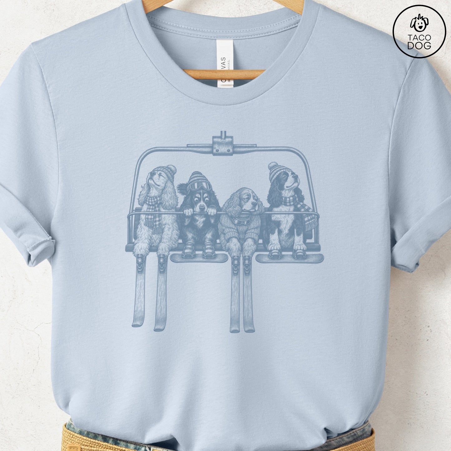 Cocker Spaniel Chair Lift T-Shirt Light Blue Taco-Dog