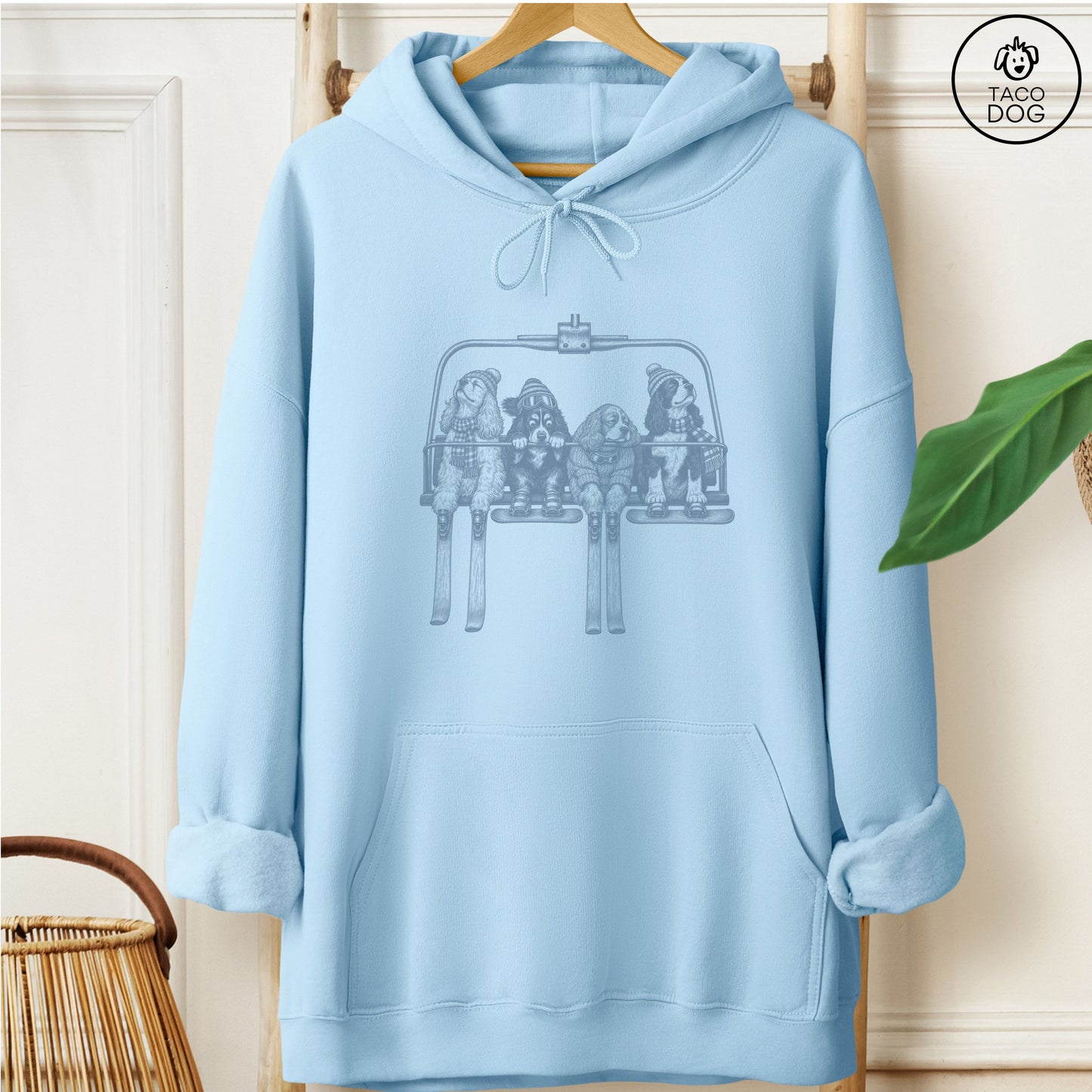 Cocker Spaniel Chair Lift Hoodie Light Blue Taco-Dog