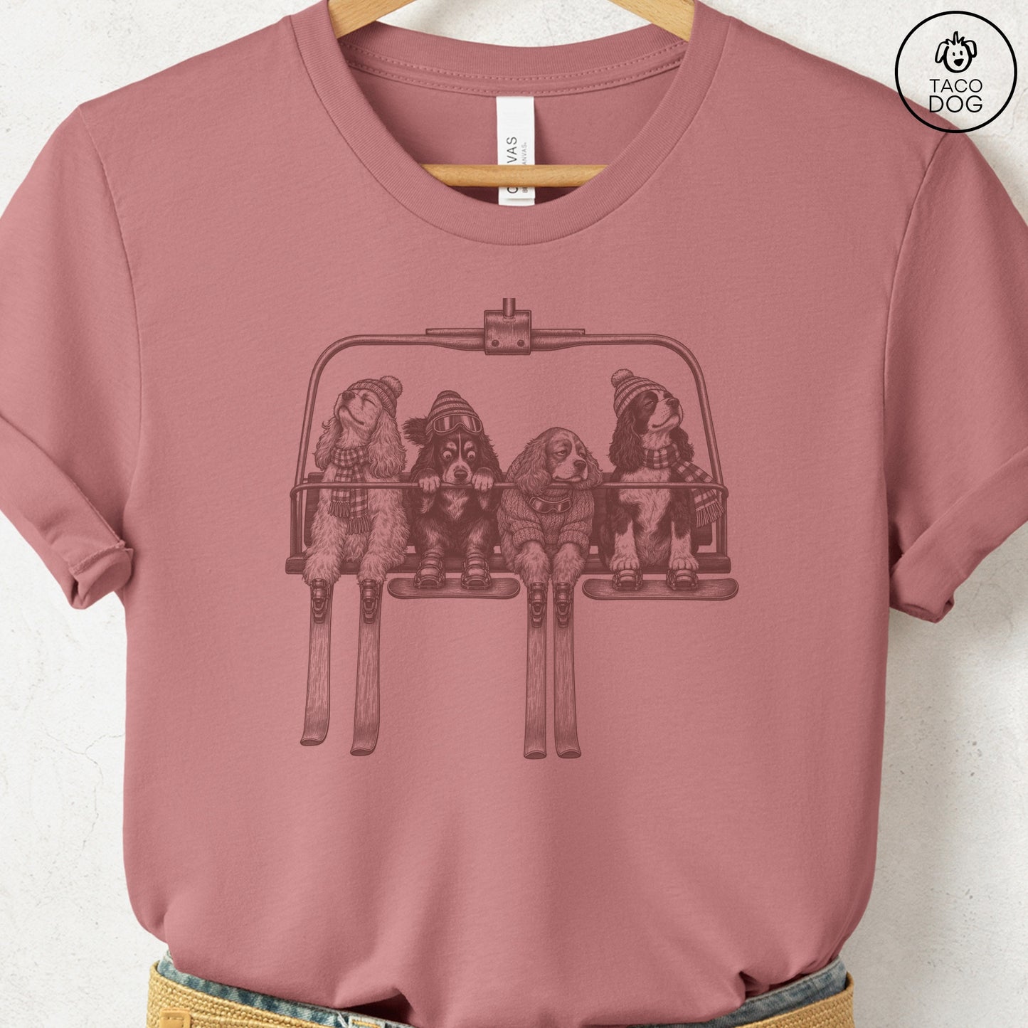 Cocker Spaniel Chair Lift T-Shirt Heather Mauve Taco-Dog