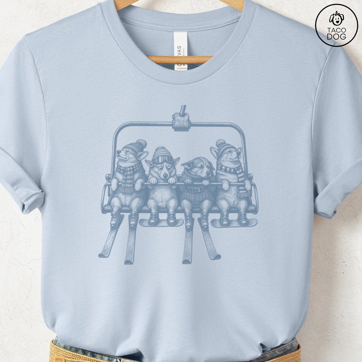 Corgi Chair Lift T-Shirt Light Blue Taco-Dog