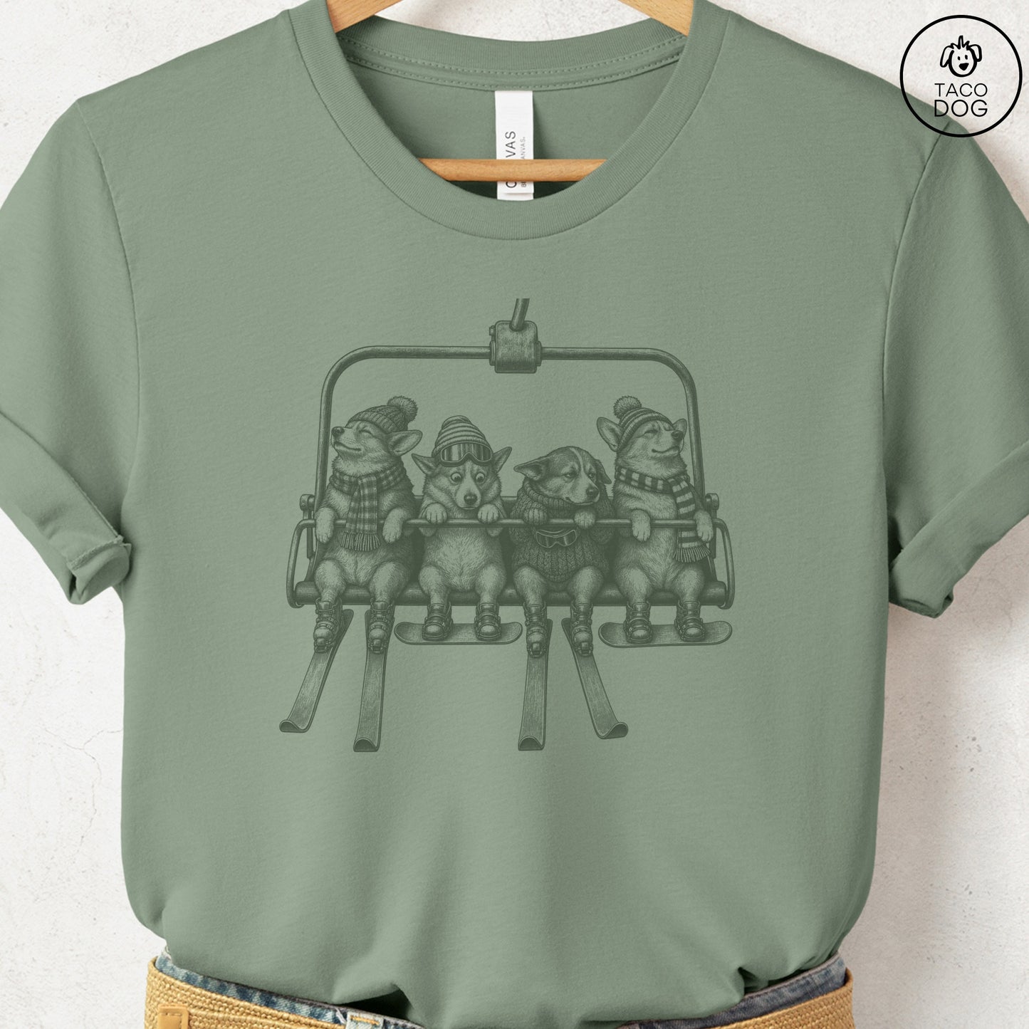 Corgi Chair Lift T-Shirt Sage Taco-Dog