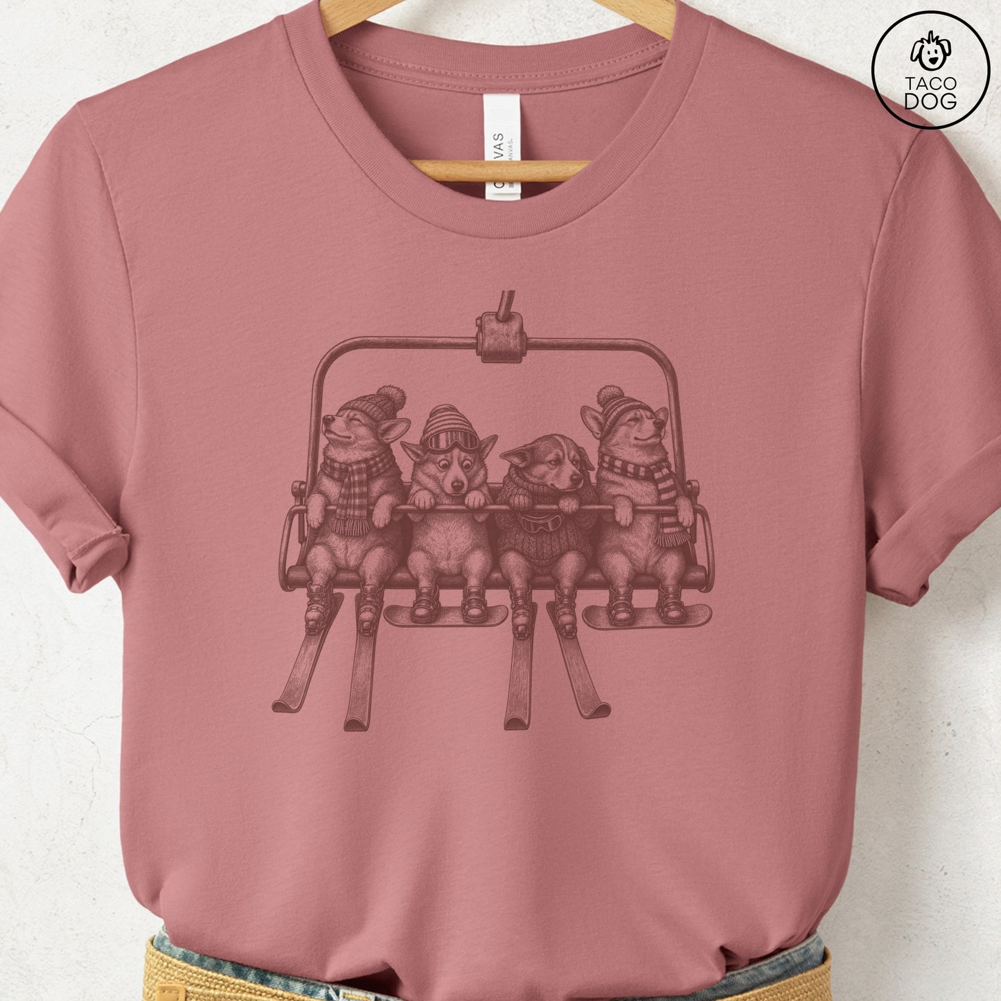 Corgi Chair Lift T-Shirt Heather Mauve Taco-Dog