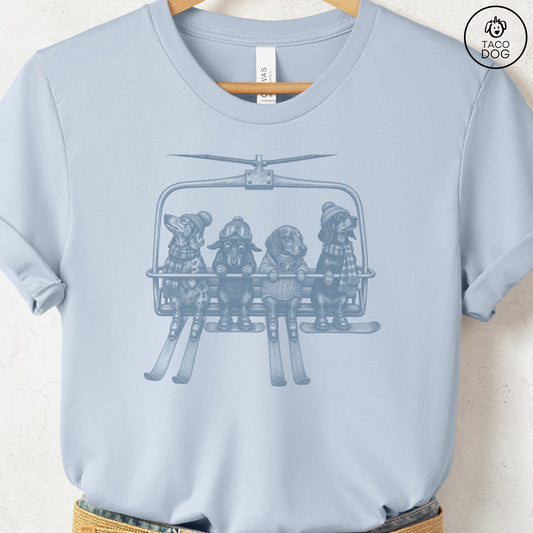 Dachshund Chair Lift T-Shirt Light Blue Taco-Dog