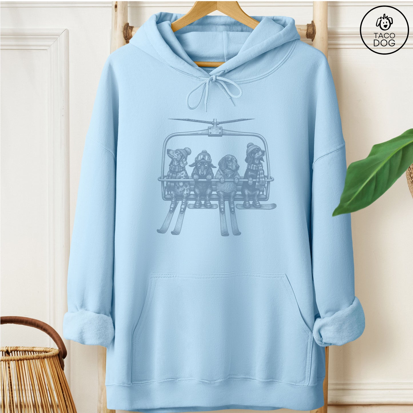 Dachshund Chair Lift Hoodie Light Blue Taco-Dog
