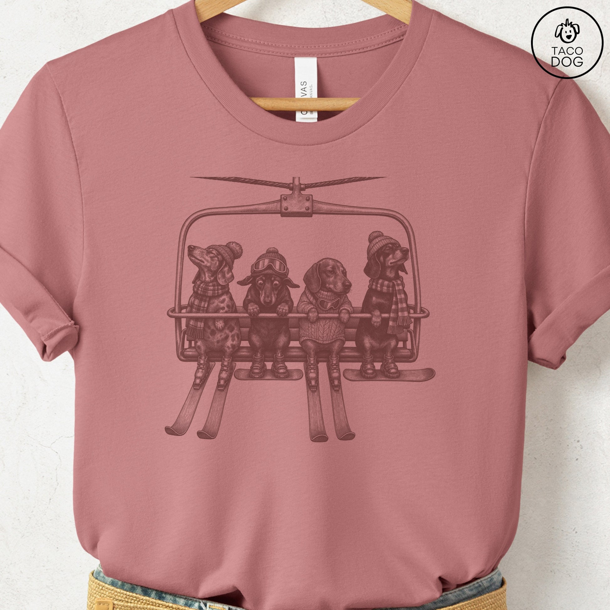 Dachshund Chair Lift T-Shirt Heather Mauve Taco-Dog