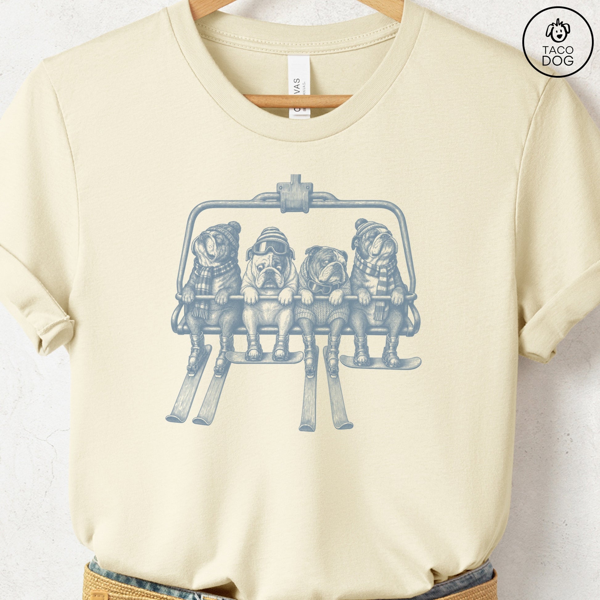 English Bulldog Chair Lift T-Shirt Natural Taco-Dog