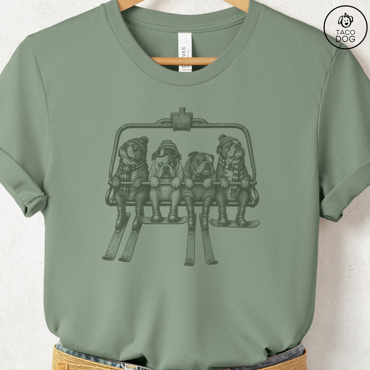 English Bulldog Chair Lift T-Shirt Sage Taco-Dog
