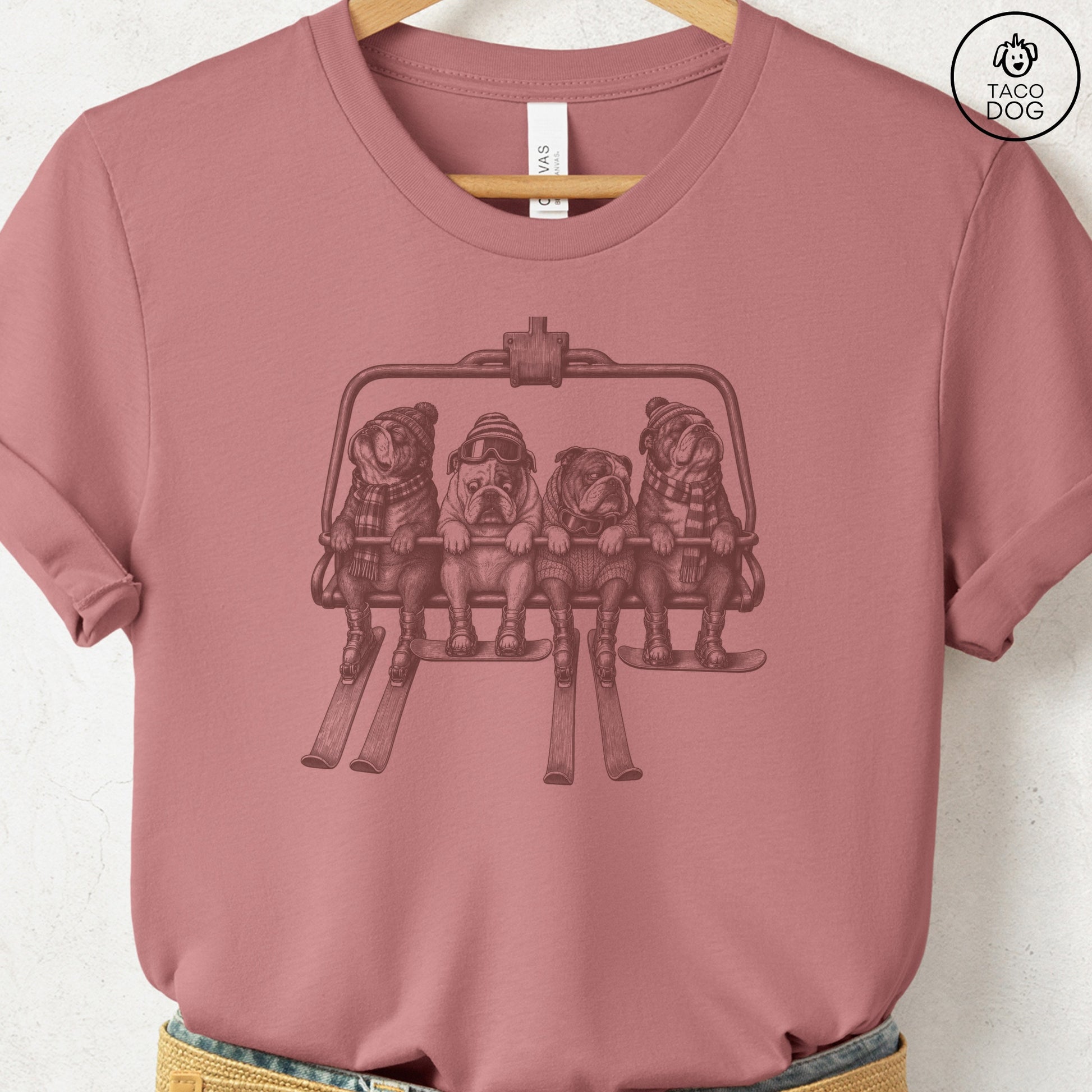 English Bulldog Chair Lift T-Shirt Heather Mauve Taco-Dog