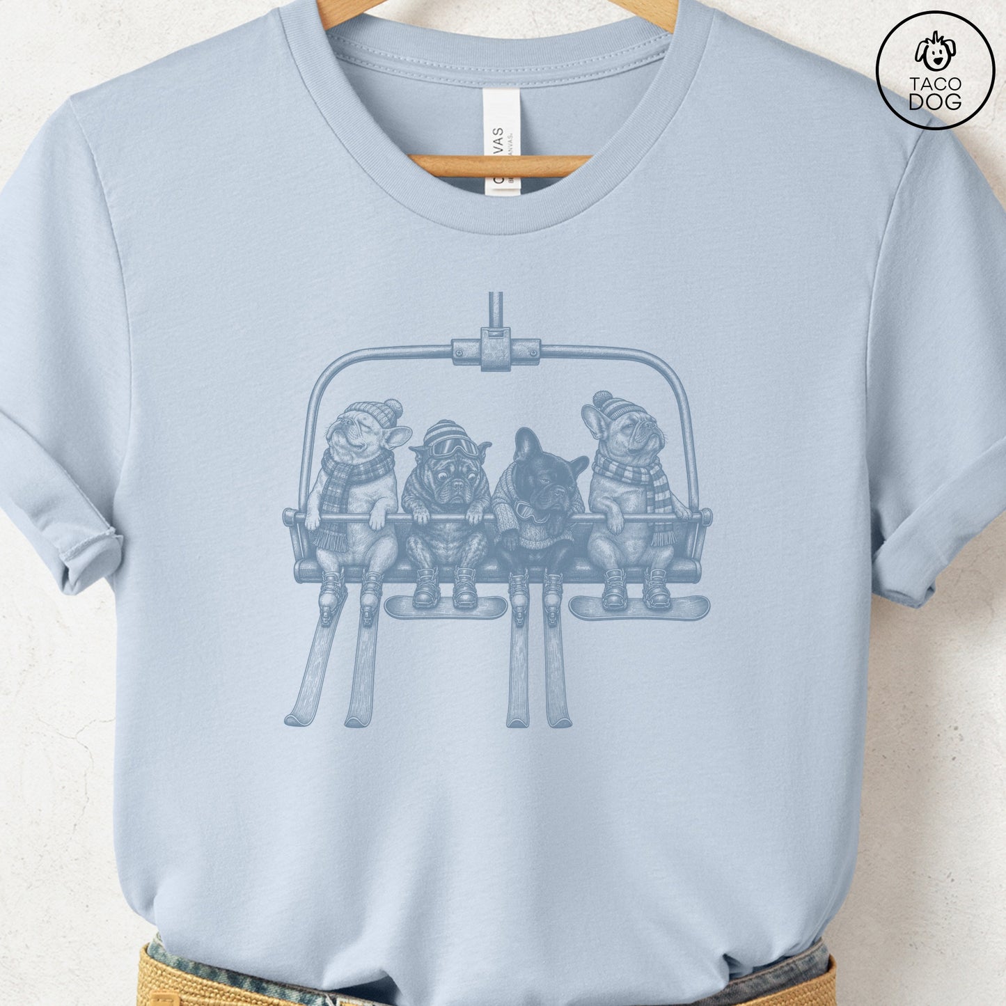 French Bulldog Frenchie Chair Lift T-Shirt Light Blue Taco-Dog
