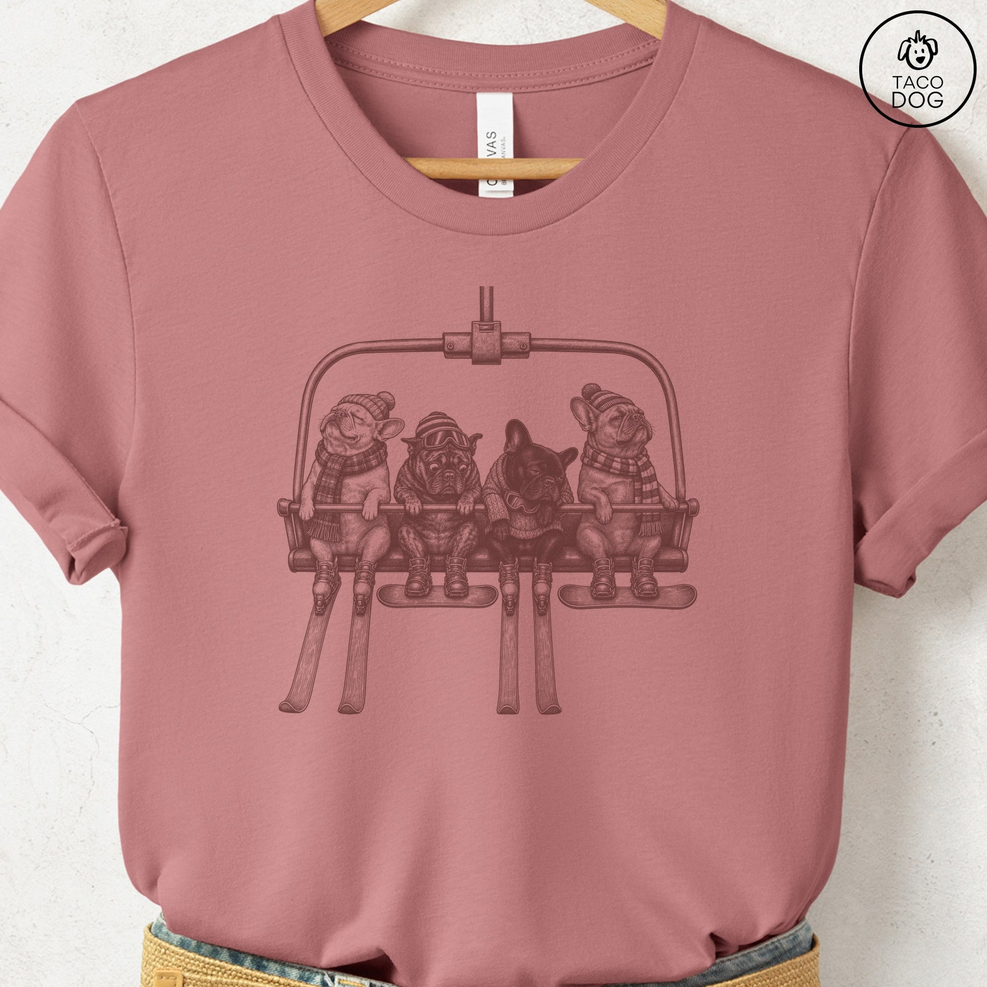 French Bulldog Frenchie Chair Lift T-Shirt Heather Mauve Taco-Dog
