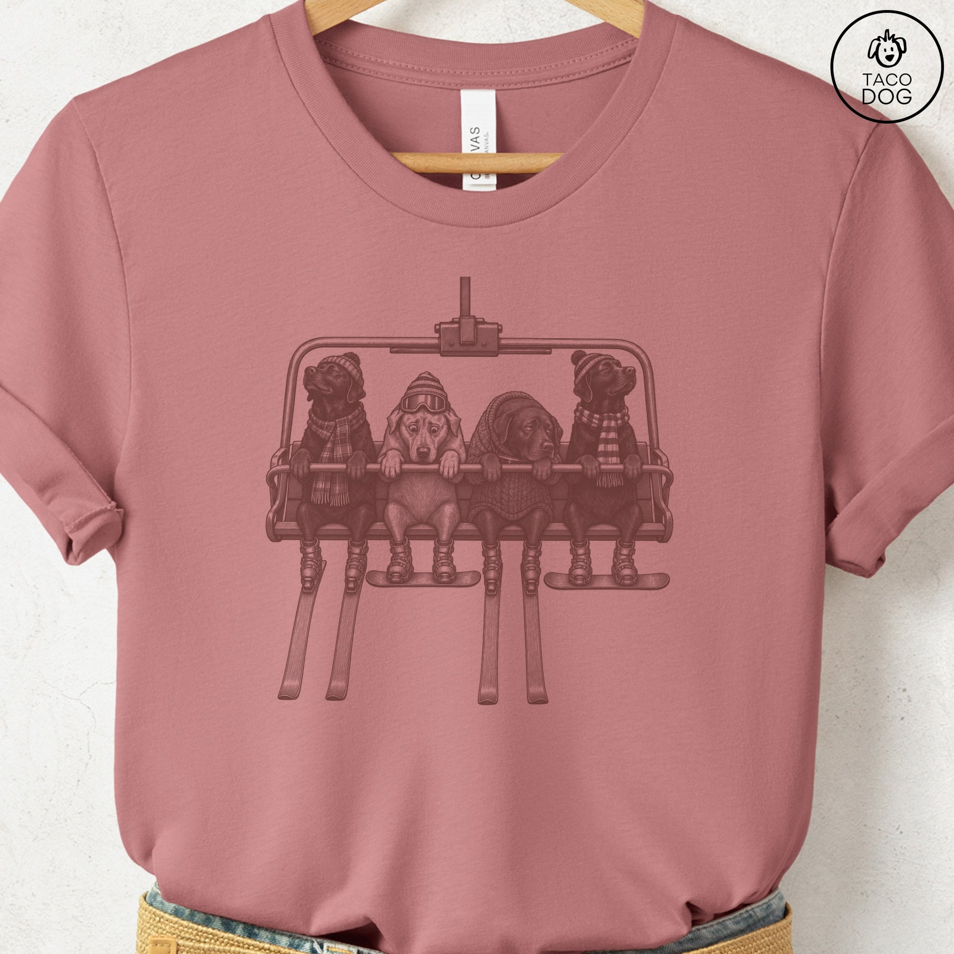 Labrador Chair Lift T-Shirt Heather Mauve Taco-Dog