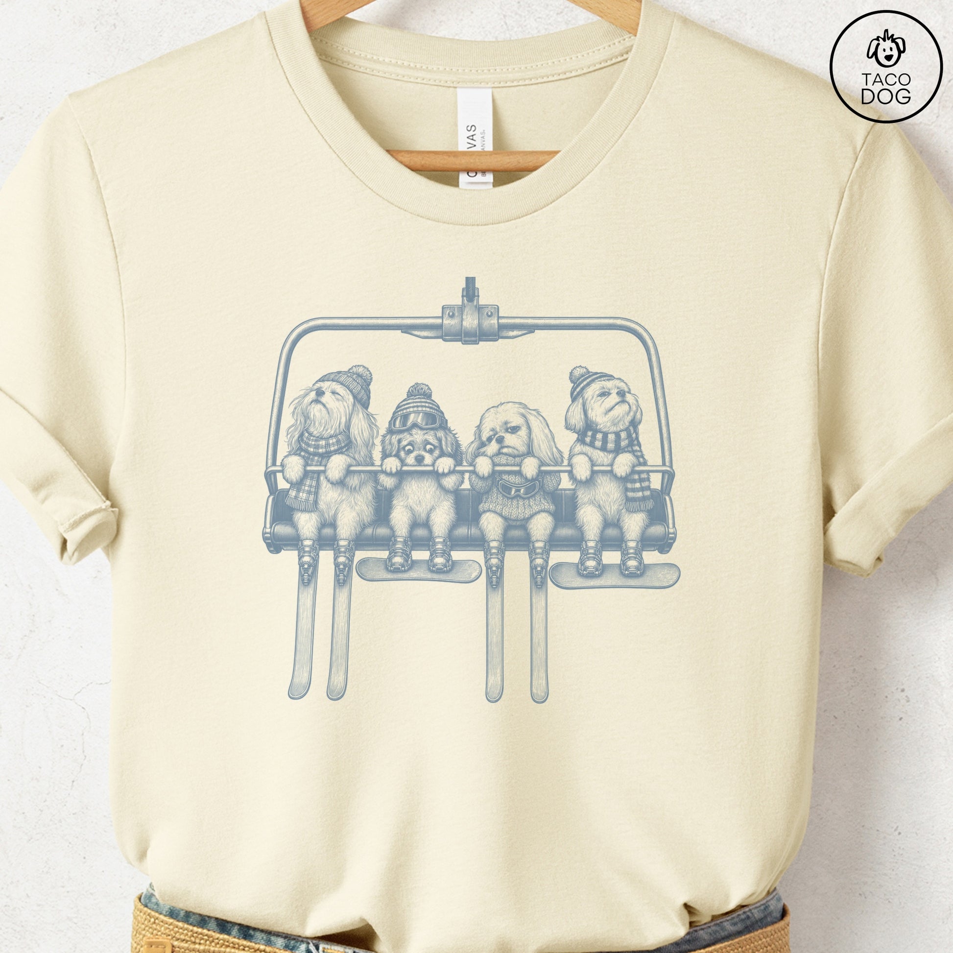Maltese Chair Lift T-Shirt Natural Taco-Dog