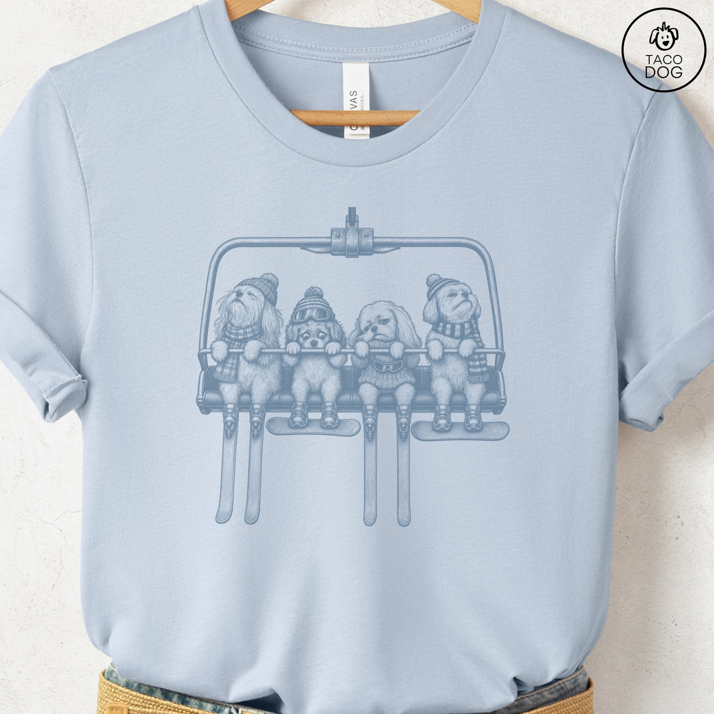 Maltese Chair Lift T-Shirt Light Blue Taco-Dog