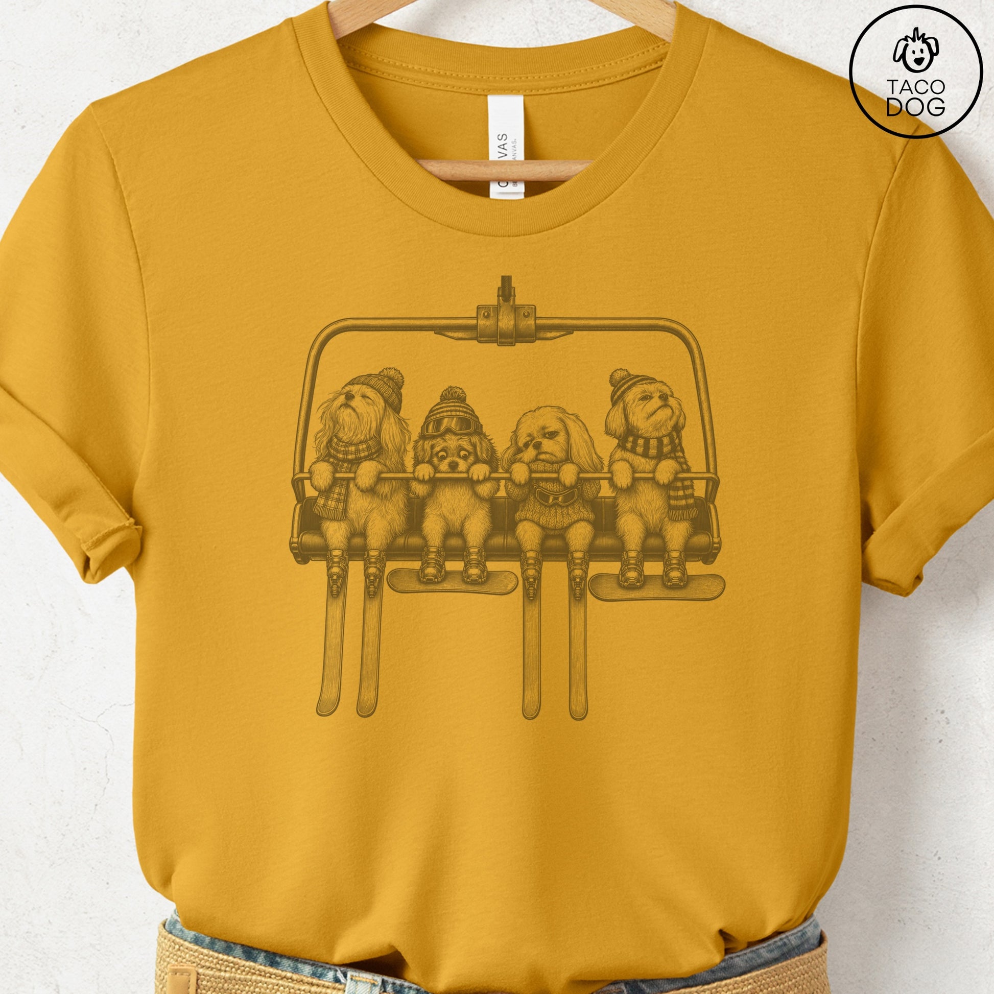 Maltese Chair Lift T-Shirt Mustard Taco-Dog