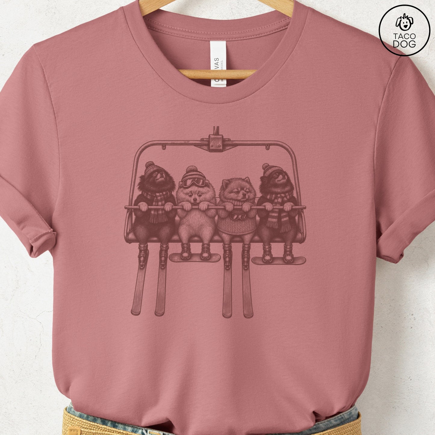 Pomeranian Chair Lift T-Shirt Heather Mauve Taco-Dog