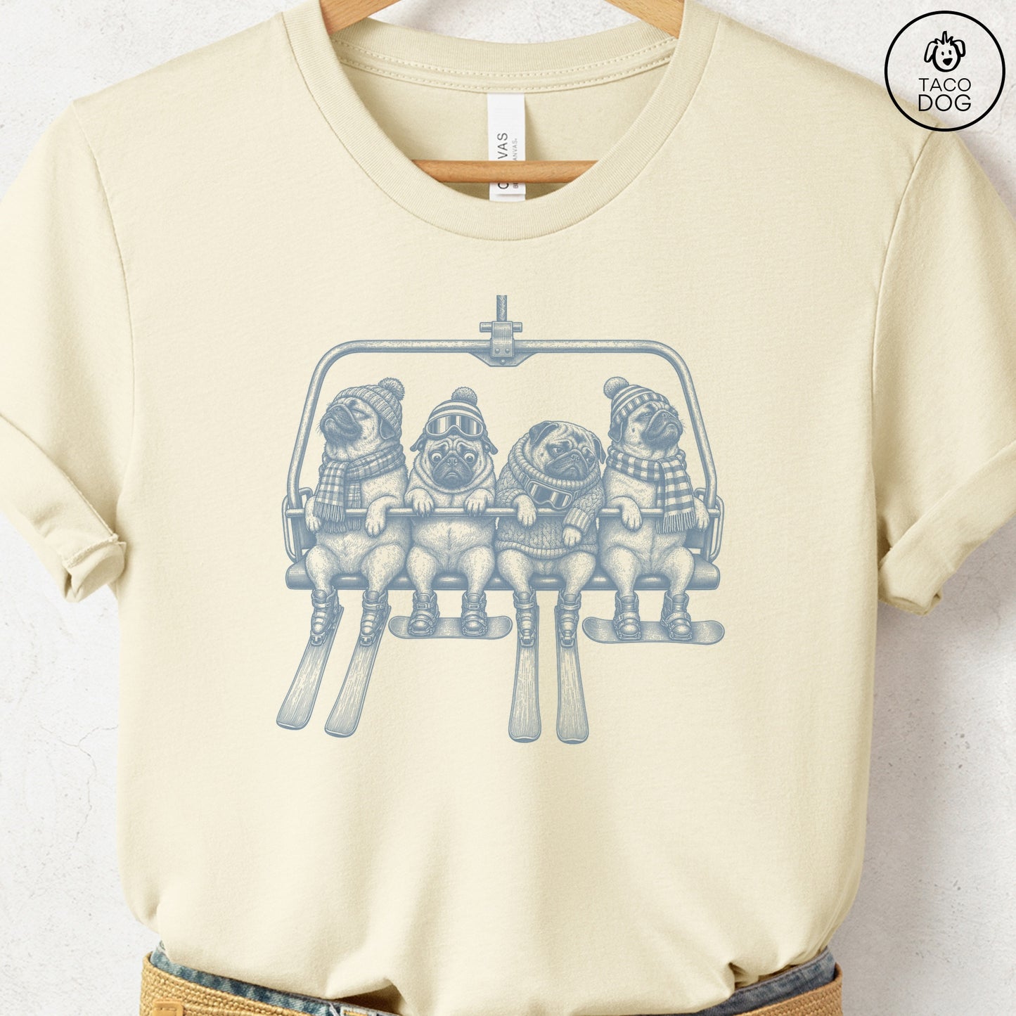 Pug Chair Lift T-Shirt Natural Taco-Dog