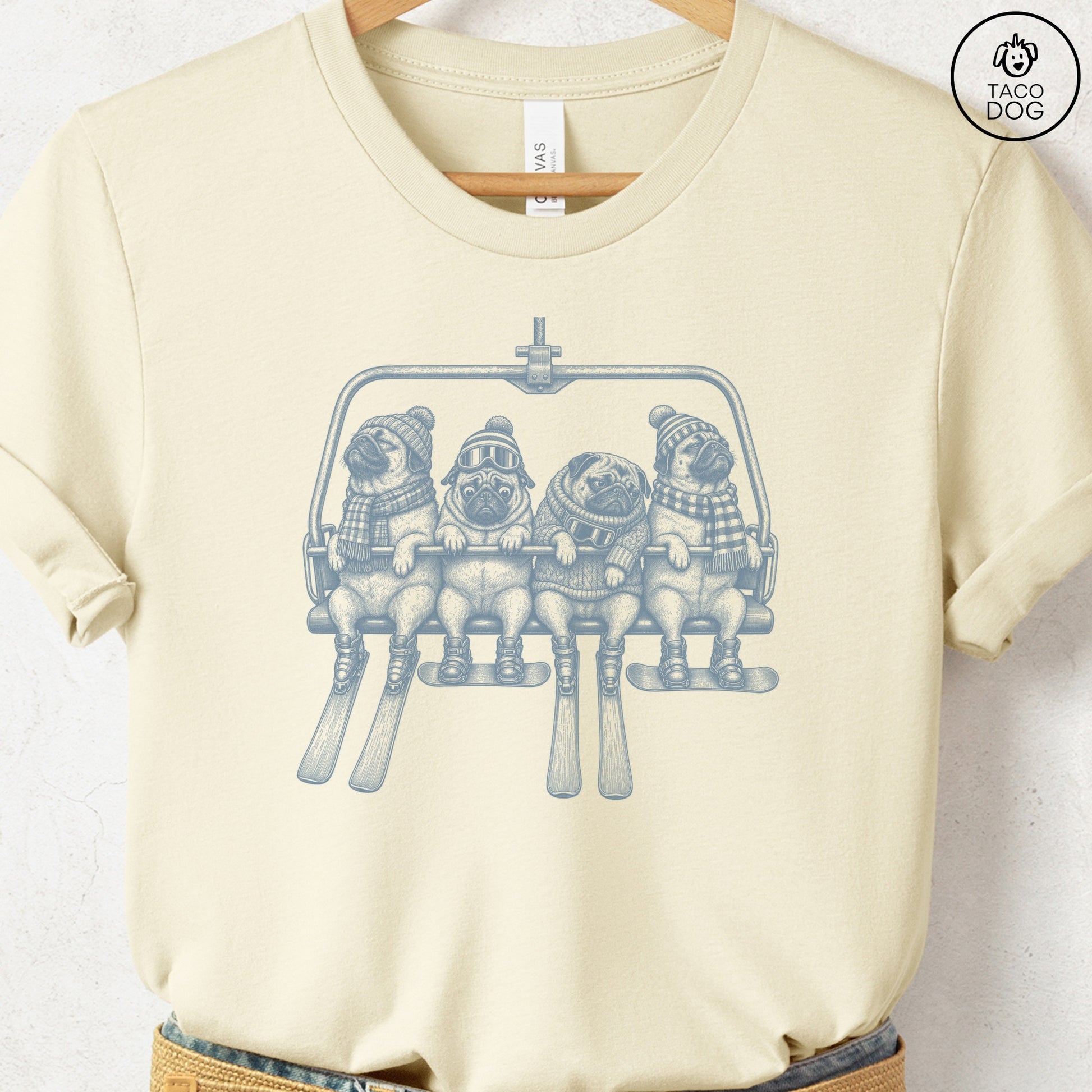 Pug Chair Lift T-Shirt Natural Taco-Dog