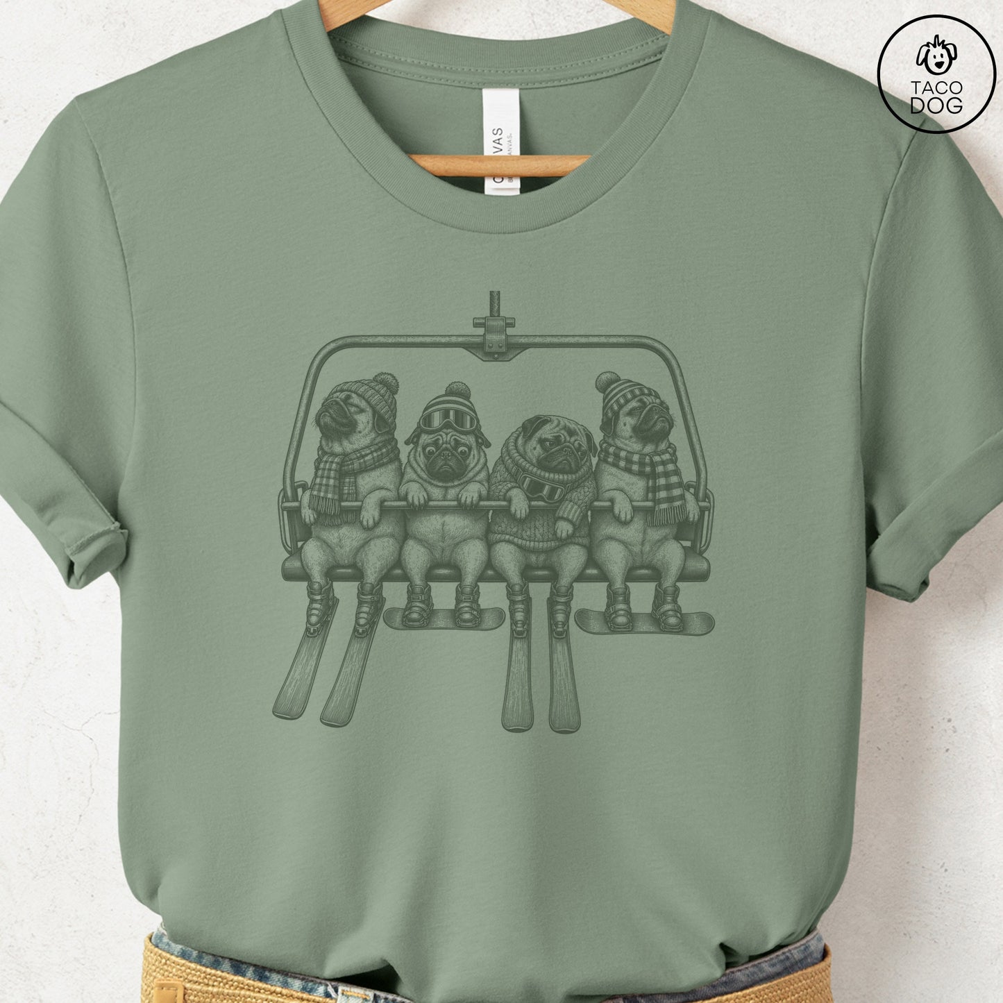 Pug Chair Lift T-Shirt Sage Taco-Dog