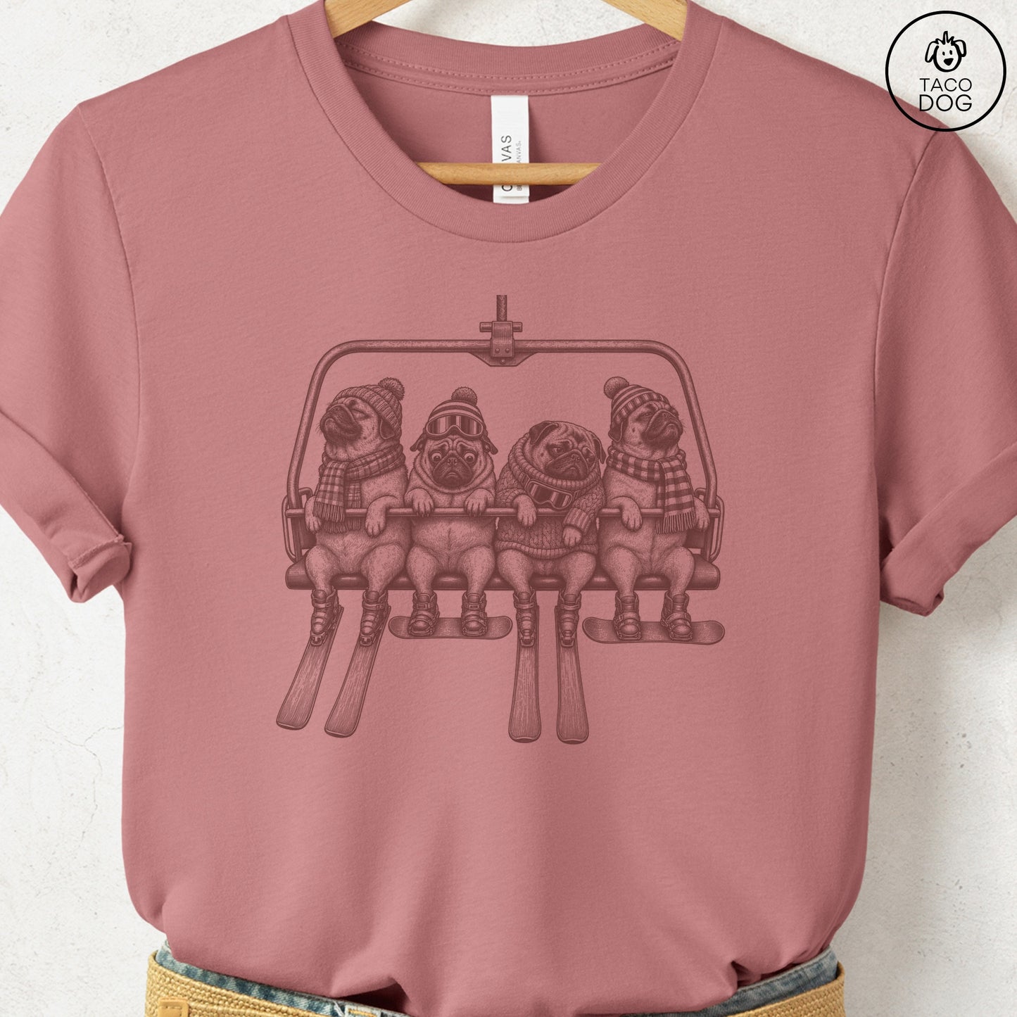 Pug Chair Lift T-Shirt Heather Mauve Taco-Dog