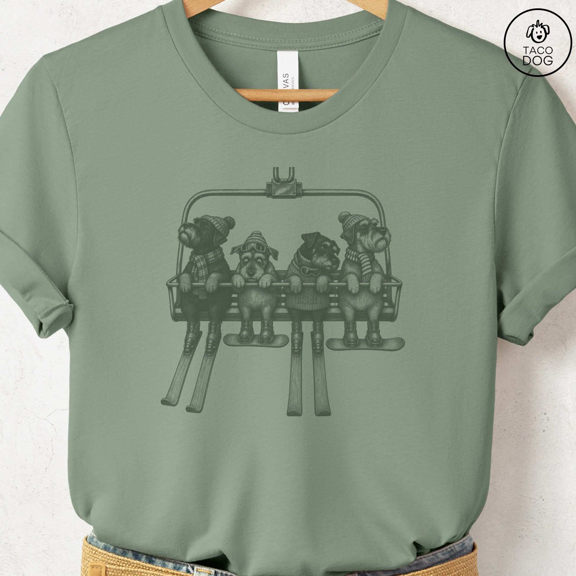 Schnauzer Chair Lift T-Shirt Sage Taco-Dog
