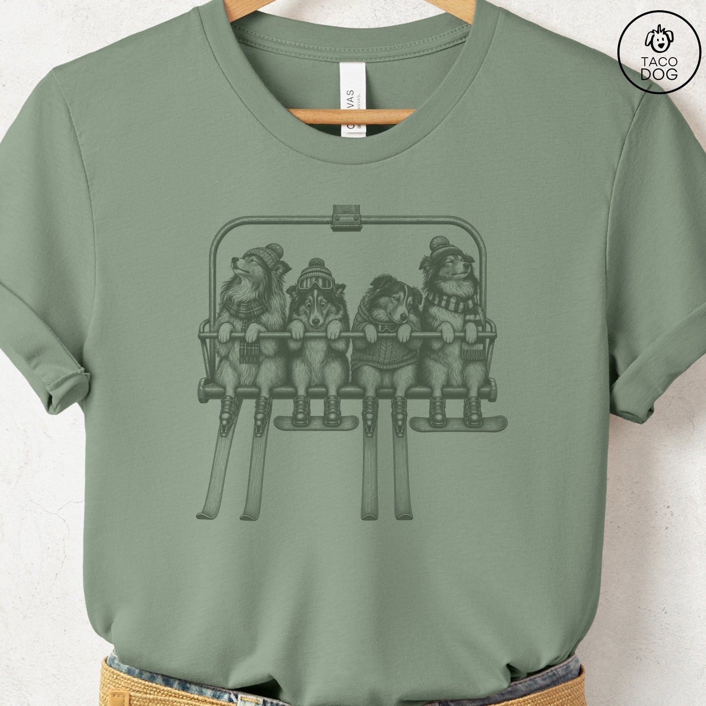 Shetland Sheepdog Chair Lift T-Shirt Sage Taco-Dog