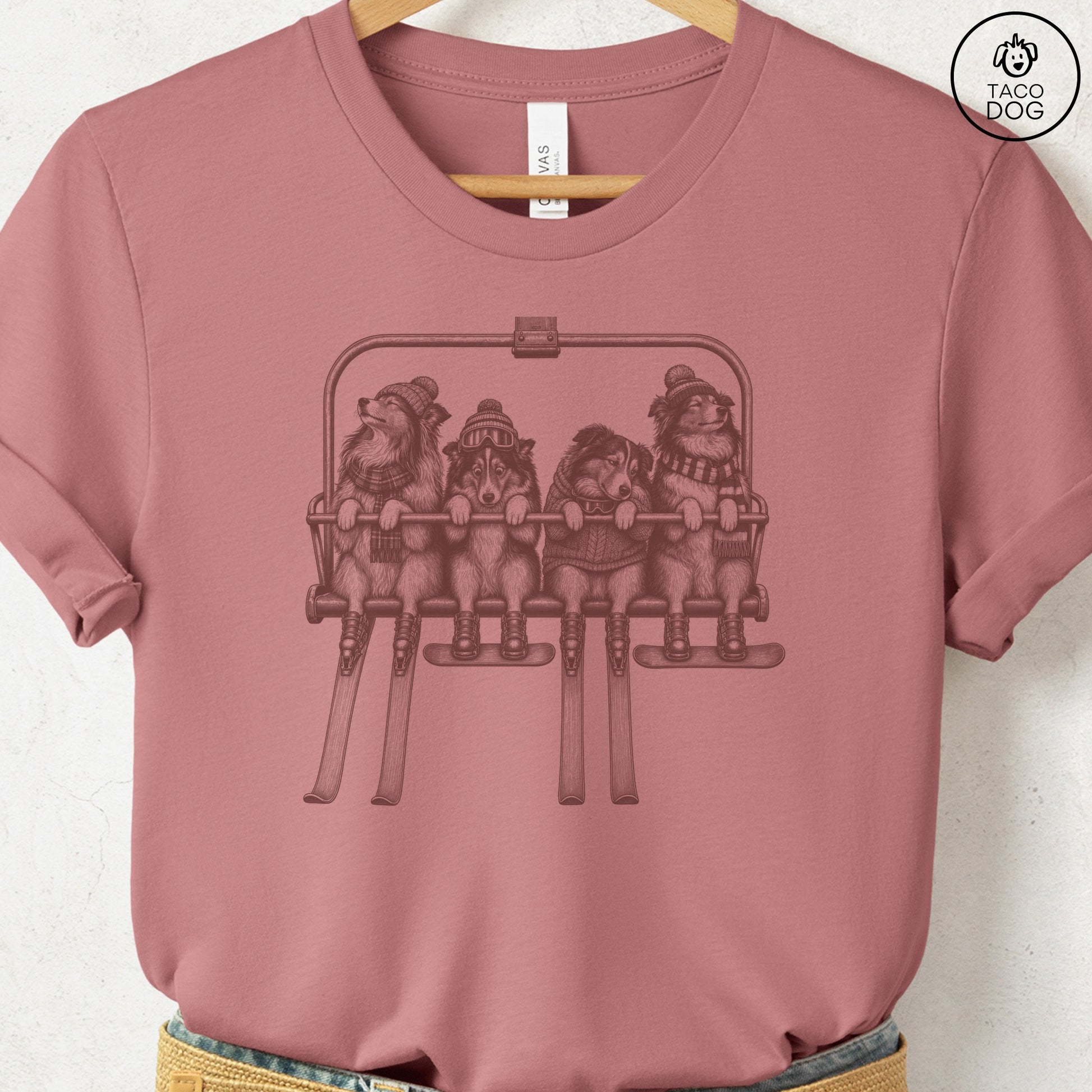 Shetland Sheepdog Chair Lift T-Shirt Heather Mauve Taco-Dog