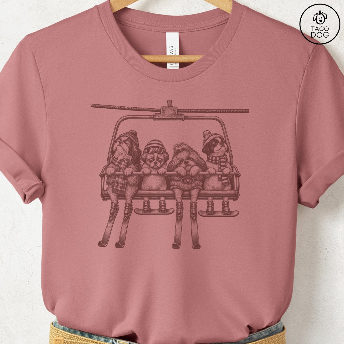 Shih Tzu Chair Lift T-Shirt Heather Mauve Taco-Dog